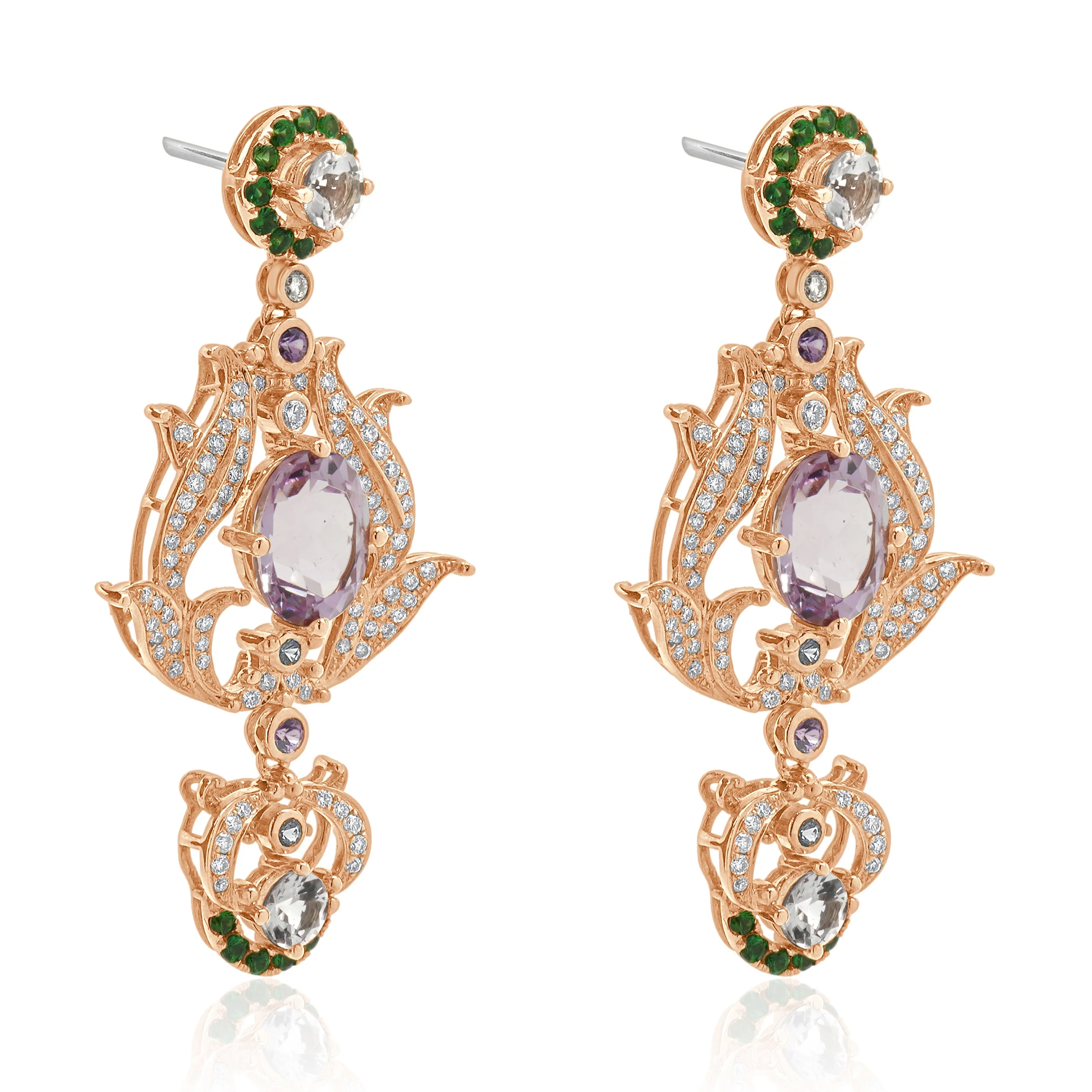 18 Karat Rose Gold Diamond, Kunzite, and Morganite Vintage Floral Style Earrings - Image 2