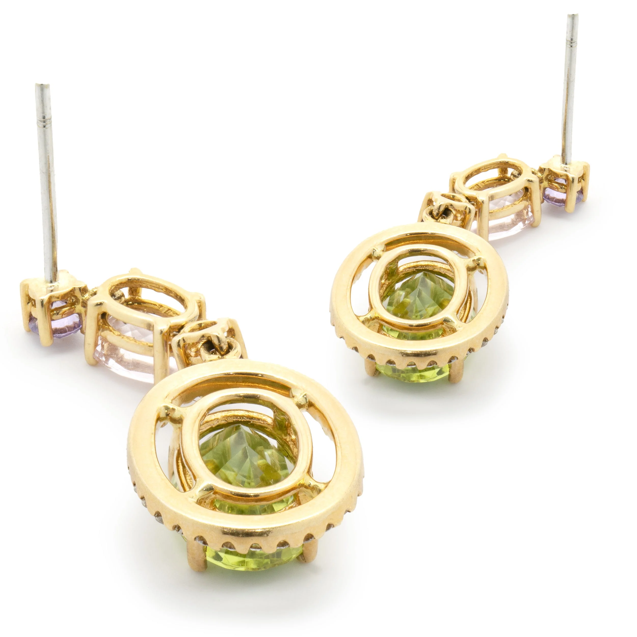 18 Karat Rose Gold Peridot, Morganite, Purple Sapphire, and Diamond Oval Drop Earrings - Image 2