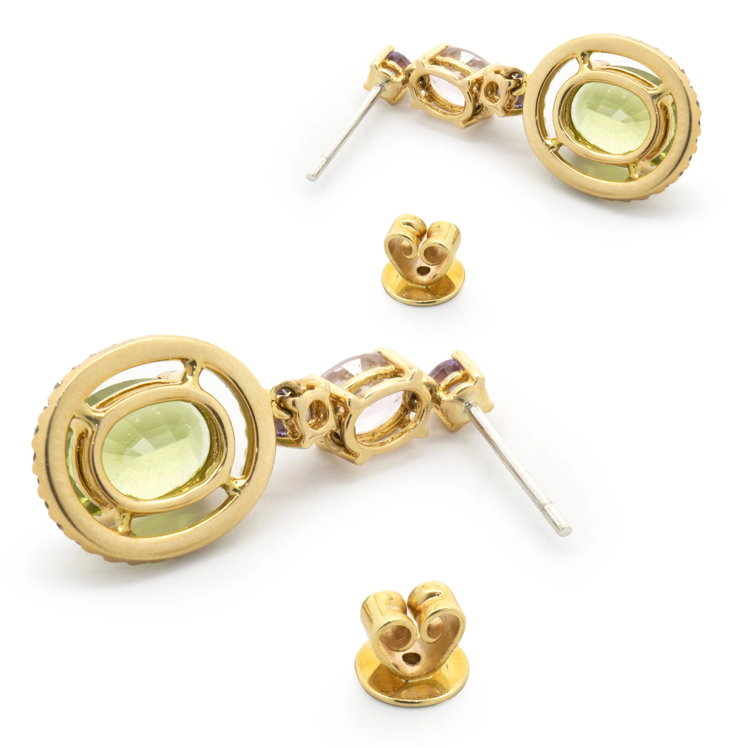 18 Karat Rose Gold Peridot, Morganite, Purple Sapphire, and Diamond Oval Drop Earrings - Image 4