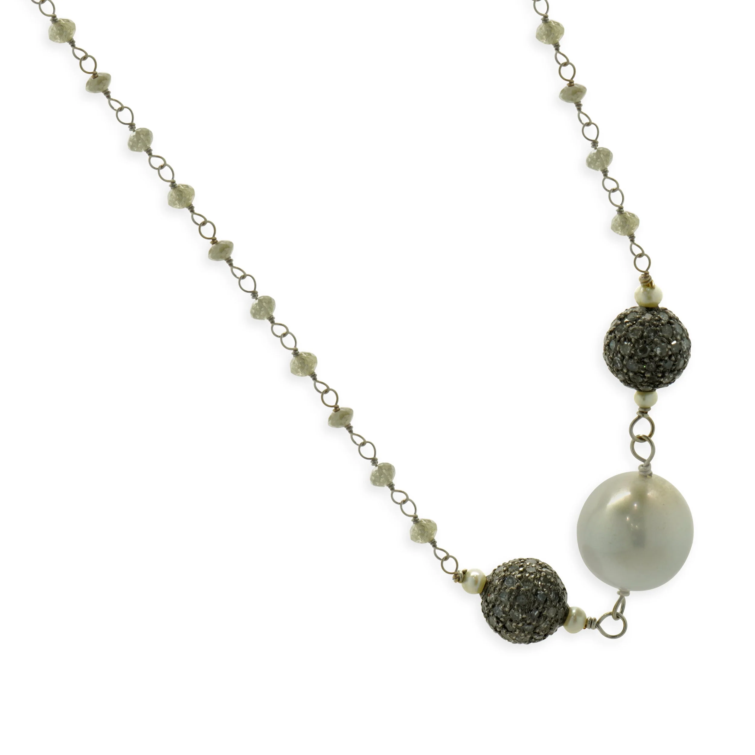 18 Karat White Gold Briolette Cut Diamonds, Black Diamonds, and Tahitian Pearl Station Necklace - Image 2