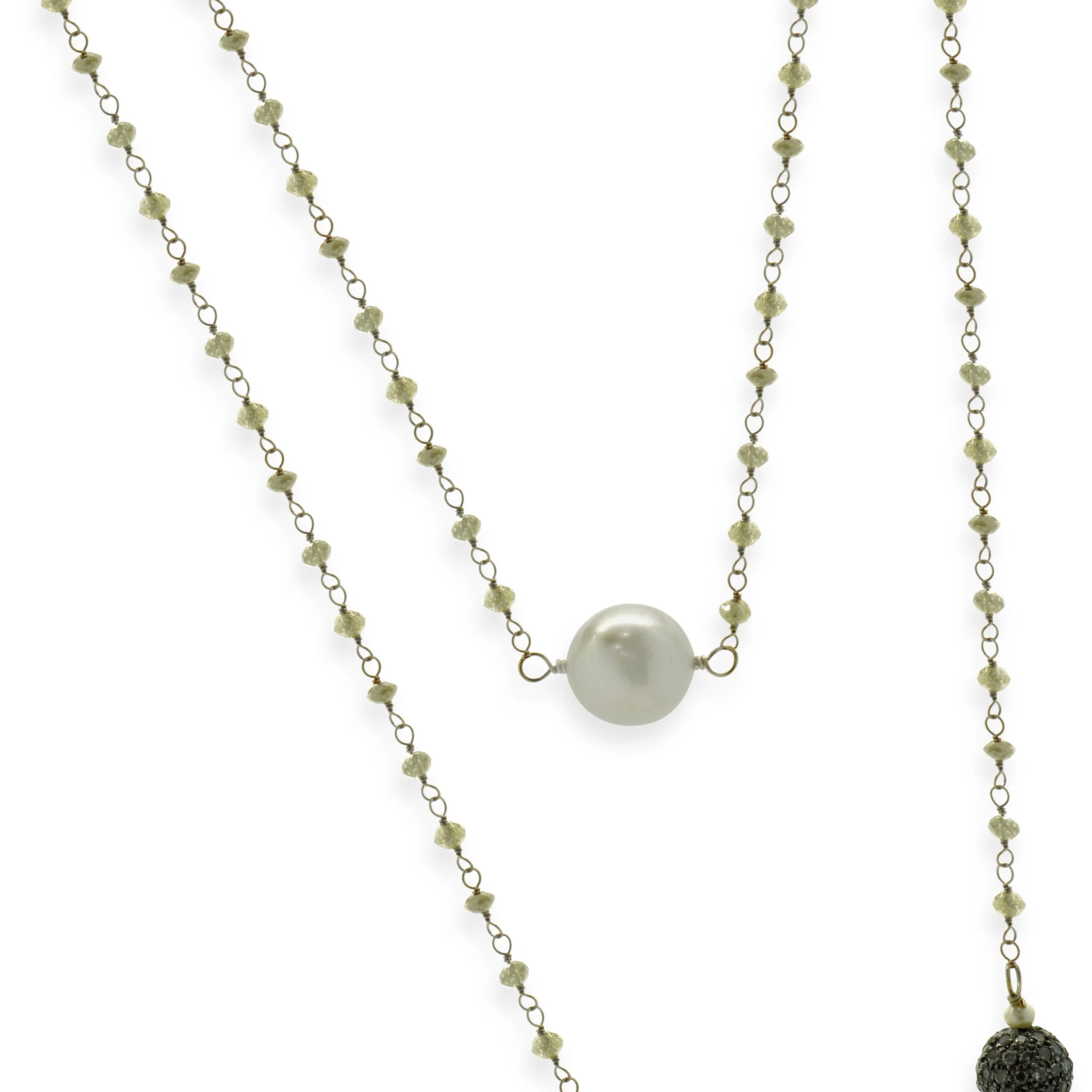 18 Karat White Gold Briolette Cut Diamonds, Black Diamonds, and Tahitian Pearl Station Necklace - Image 3