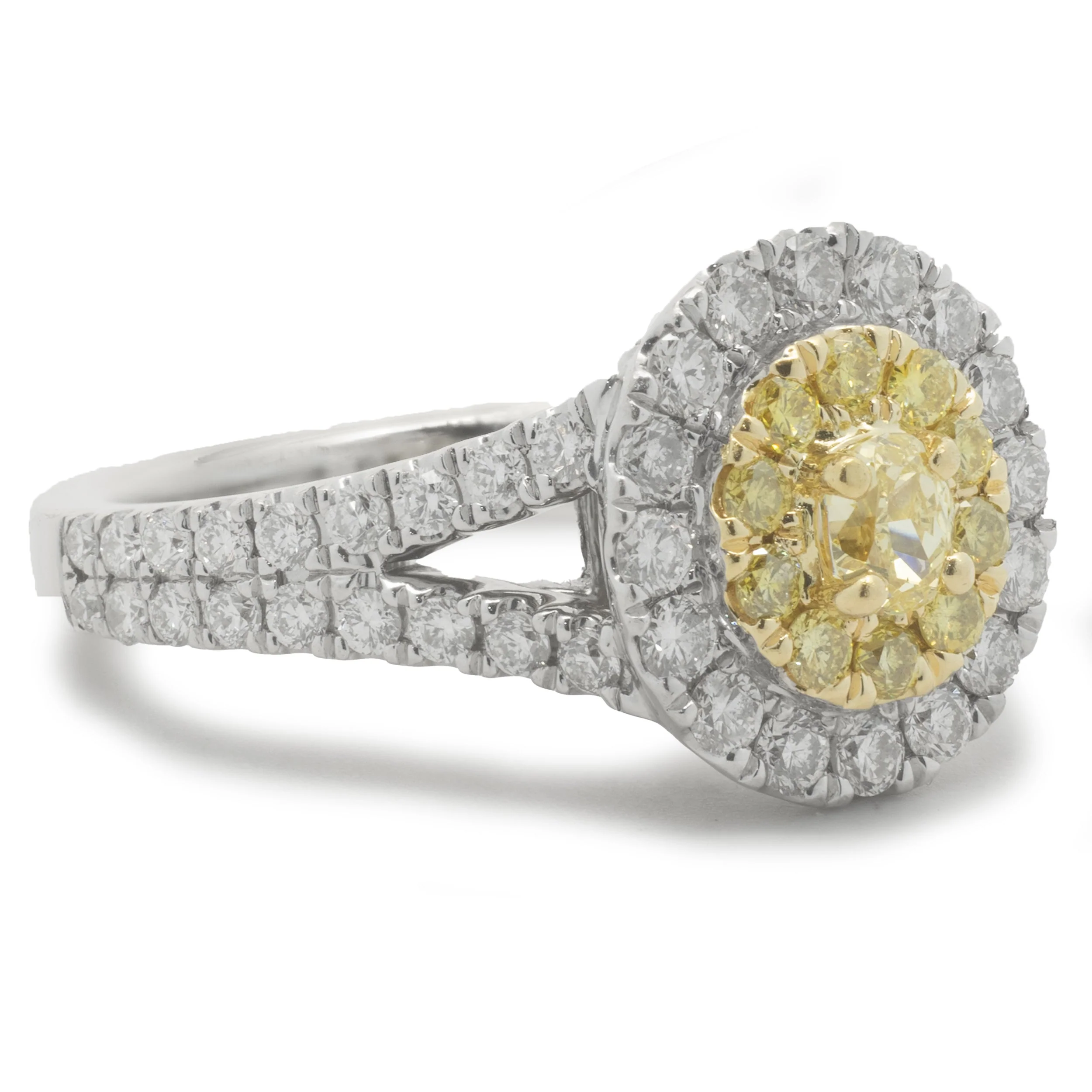 18 Karat White Gold Fancy Yellow and White Diamond Cluster Engagement Ring - Image 2