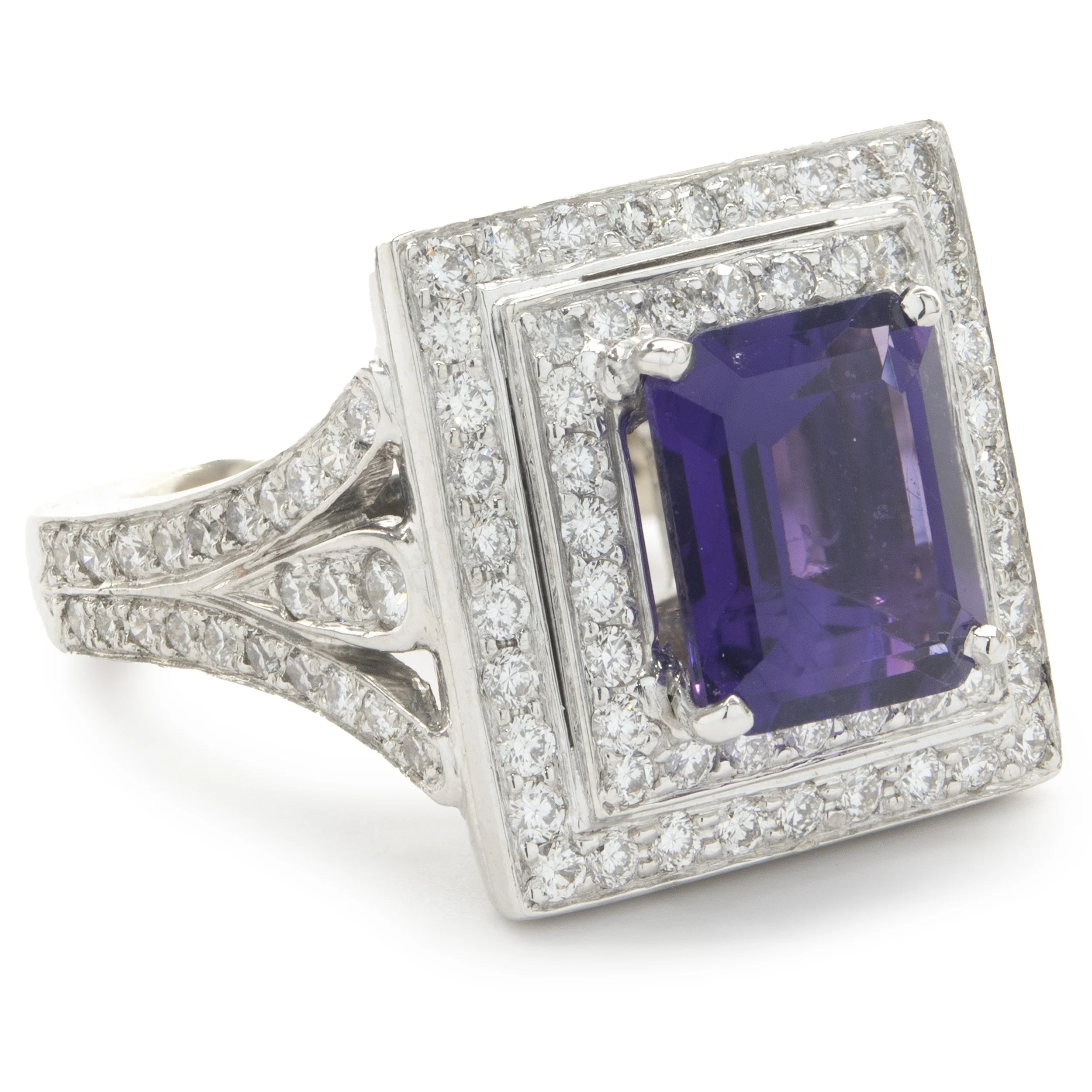 18 Karat White Gold Pave Diamond and Amethyst Cocktail Ring - Image 2
