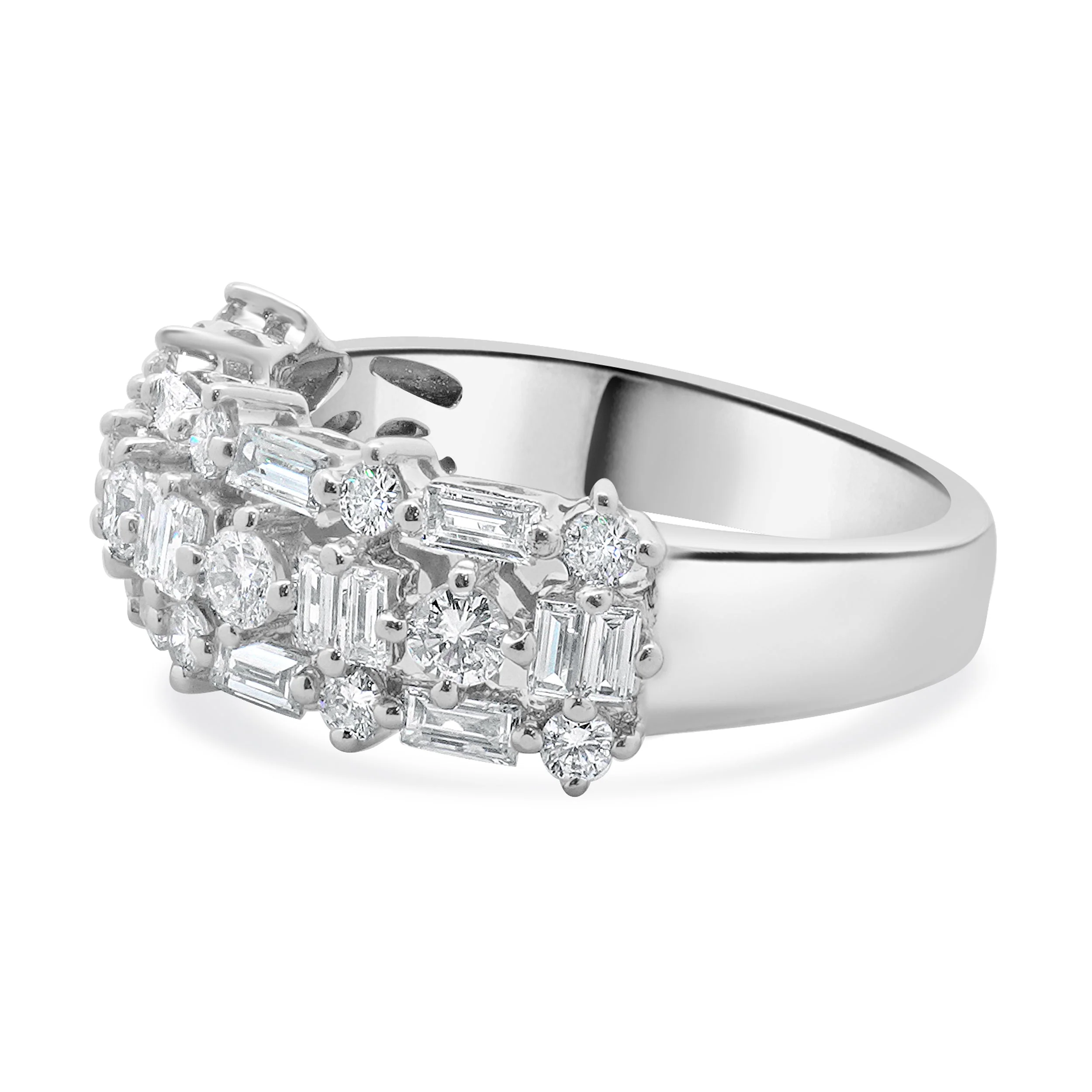 18 Karat White Gold Round and Baguette Diamond Three Row Band - Image 2