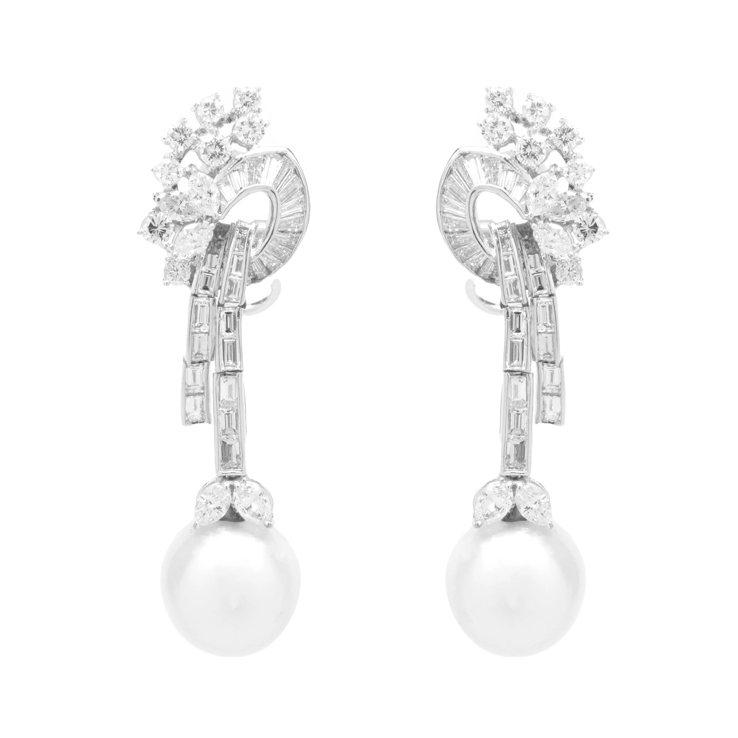 18 Karat White Gold South Sea Pearl and Diamond Vintage Art Deco Drop Earrings