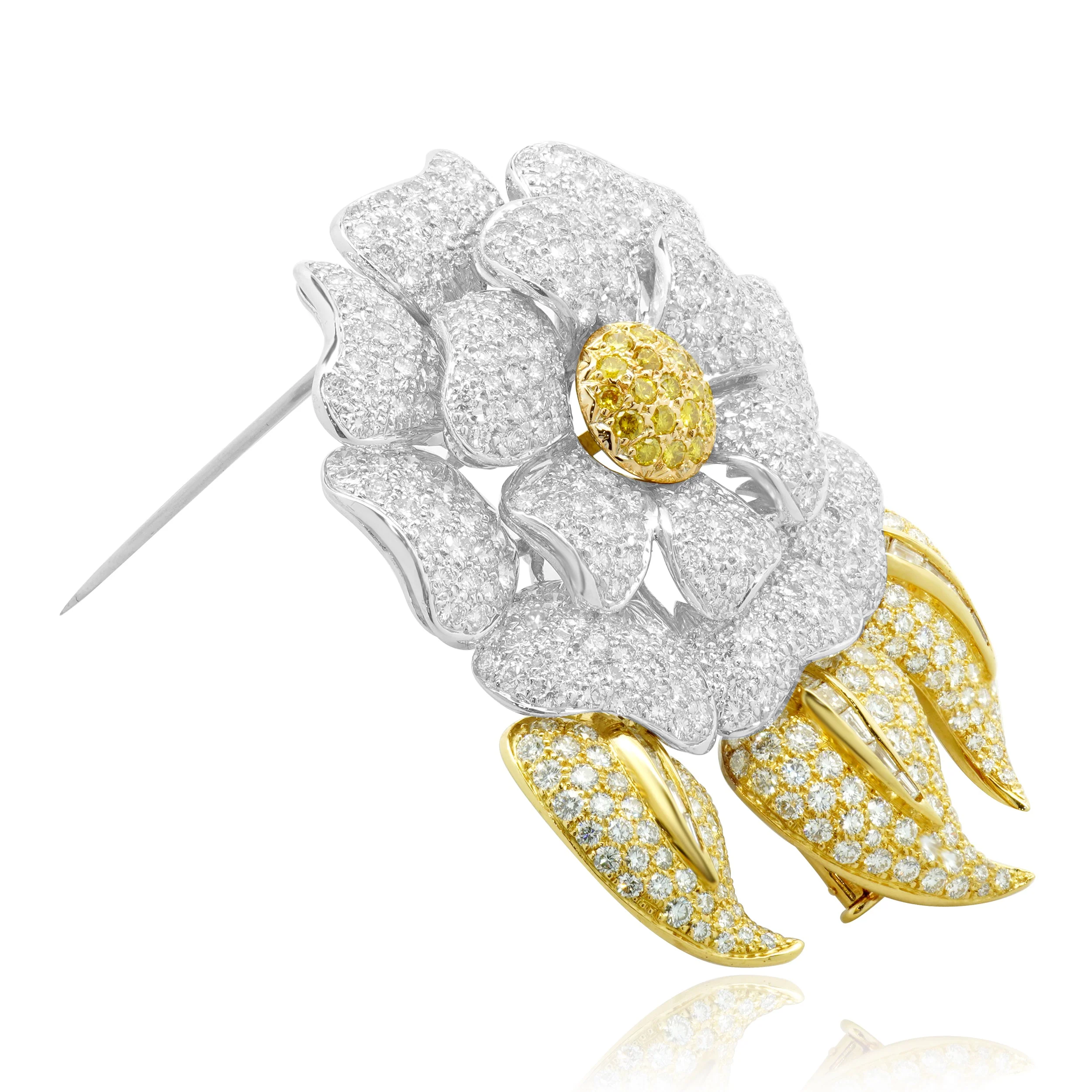 18 Karat White & Yellow Gold Fancy Yellow and White Pave Diamond Flower Pin - Image 2
