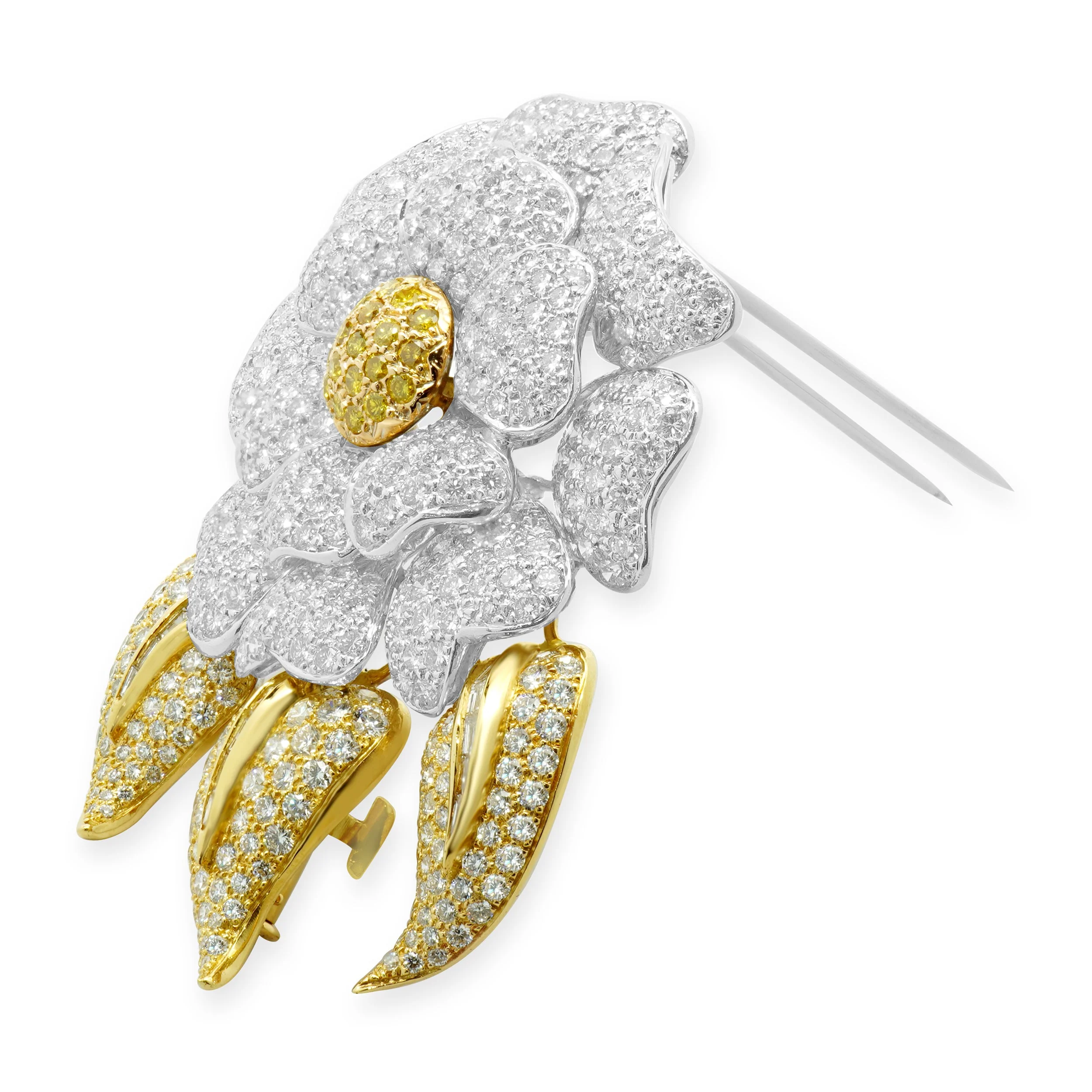 18 Karat White & Yellow Gold Fancy Yellow and White Pave Diamond Flower Pin - Image 3