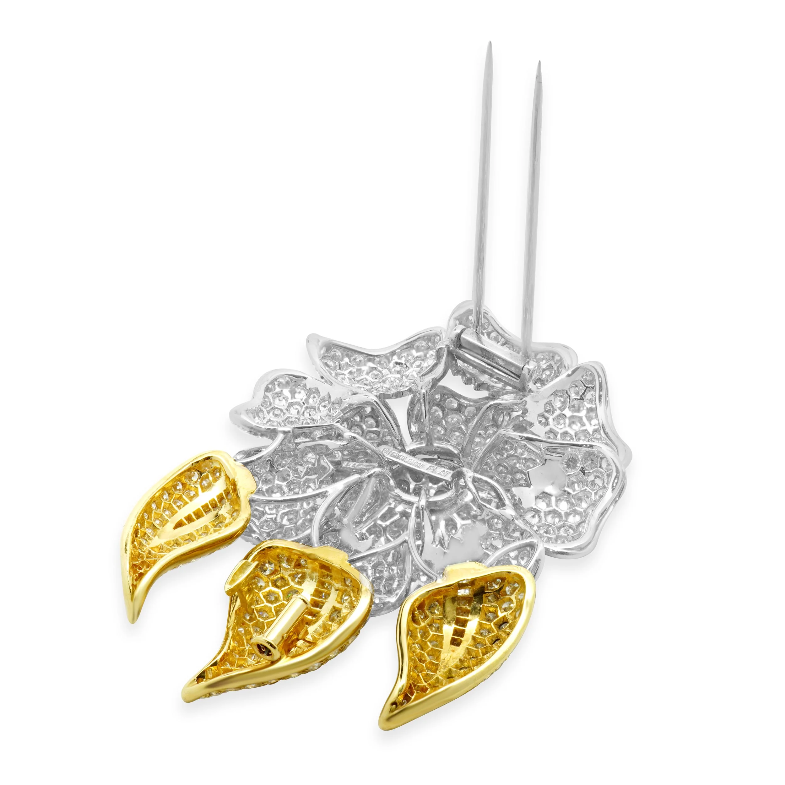 18 Karat White & Yellow Gold Fancy Yellow and White Pave Diamond Flower Pin - Image 4