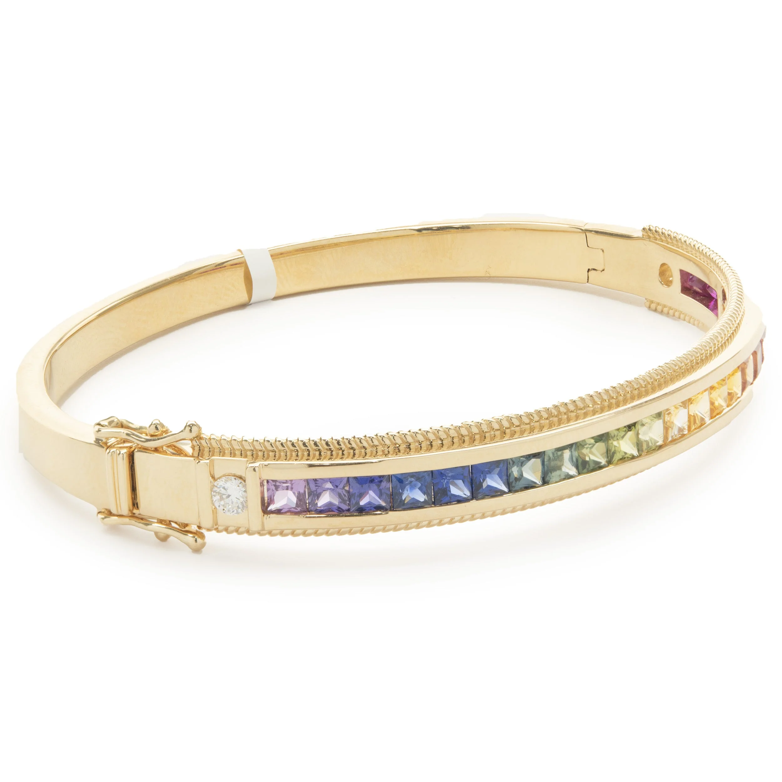 18 Karat Yellow Gold Channel Set Rainbow Sapphire and Diamond Bangle Bracelet - Image 2
