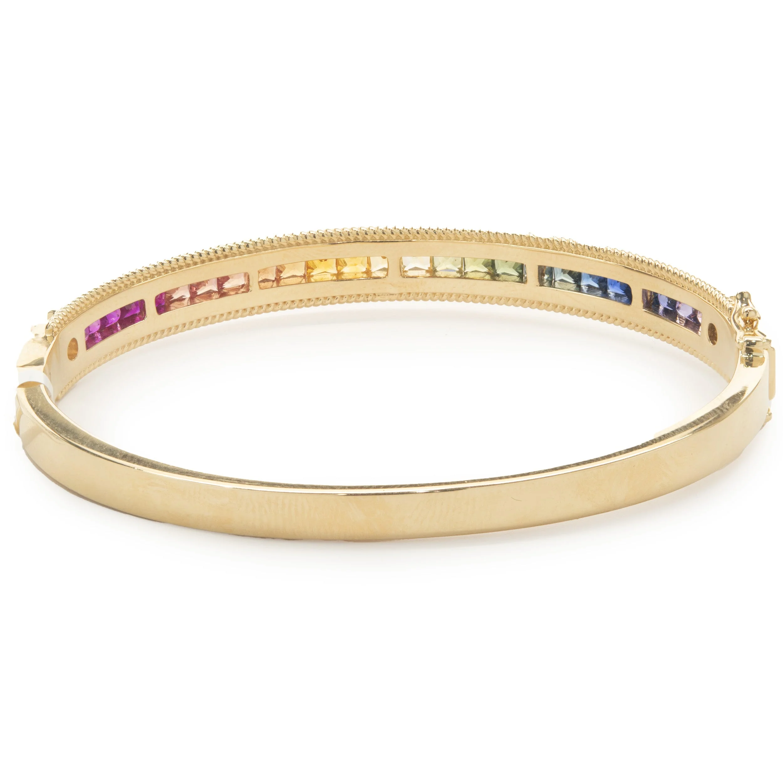 18 Karat Yellow Gold Channel Set Rainbow Sapphire and Diamond Bangle Bracelet - Image 3