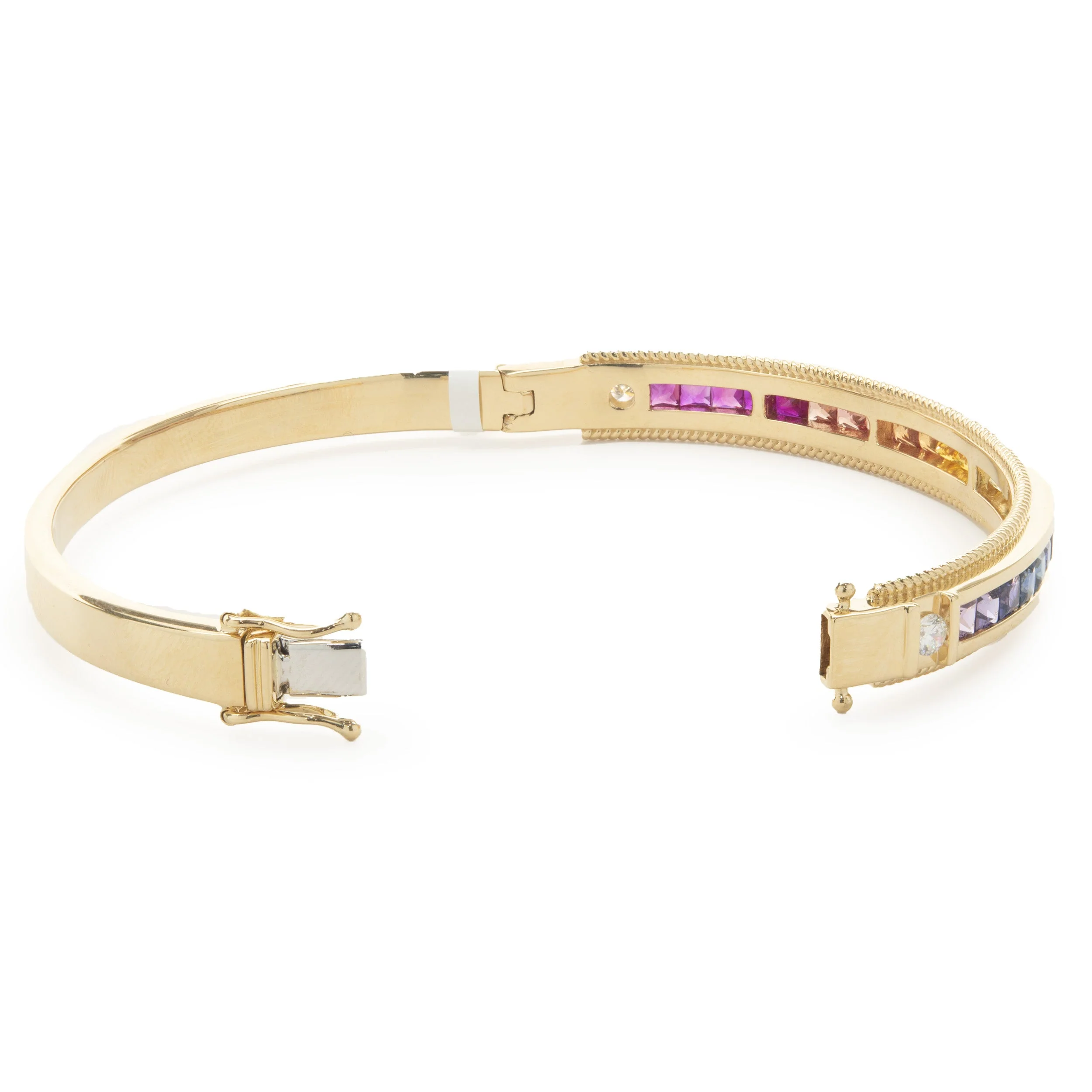 18 Karat Yellow Gold Channel Set Rainbow Sapphire and Diamond Bangle Bracelet - Image 4