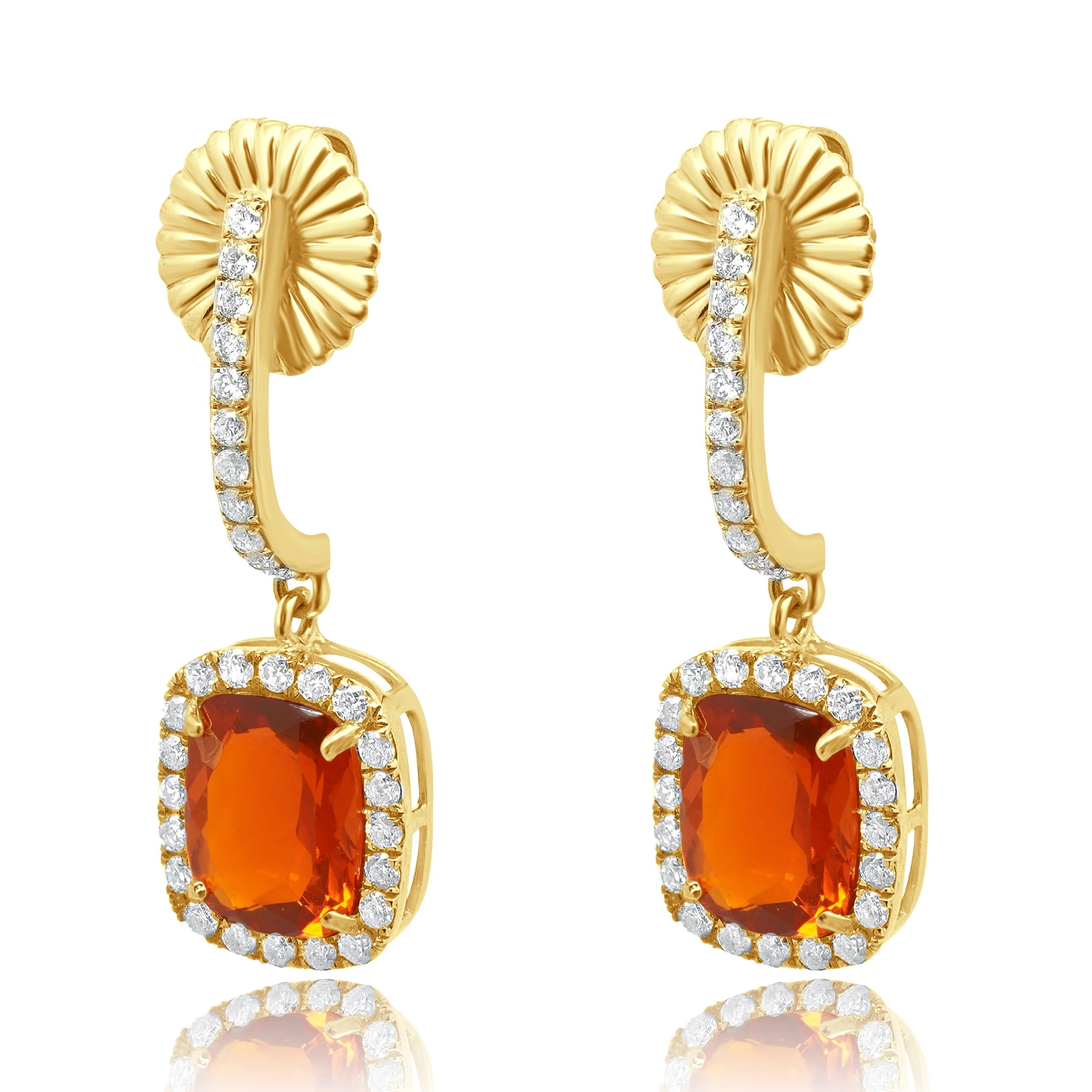 18 Karat Yellow Gold Cushion Cut Fire Opal and Round Diamond Halo Dangle Earrings - Image 2