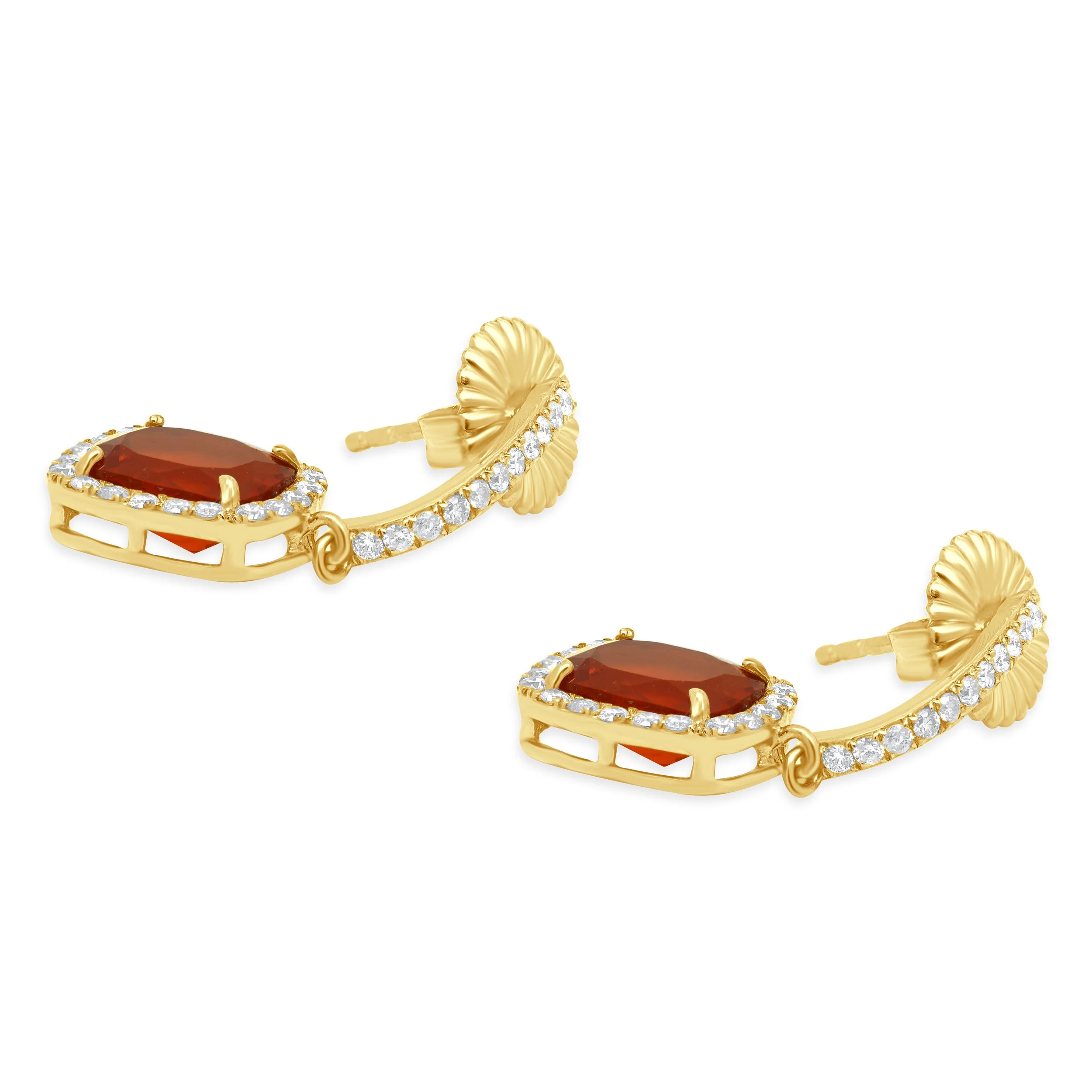 18 Karat Yellow Gold Cushion Cut Fire Opal and Round Diamond Halo Dangle Earrings - Image 3