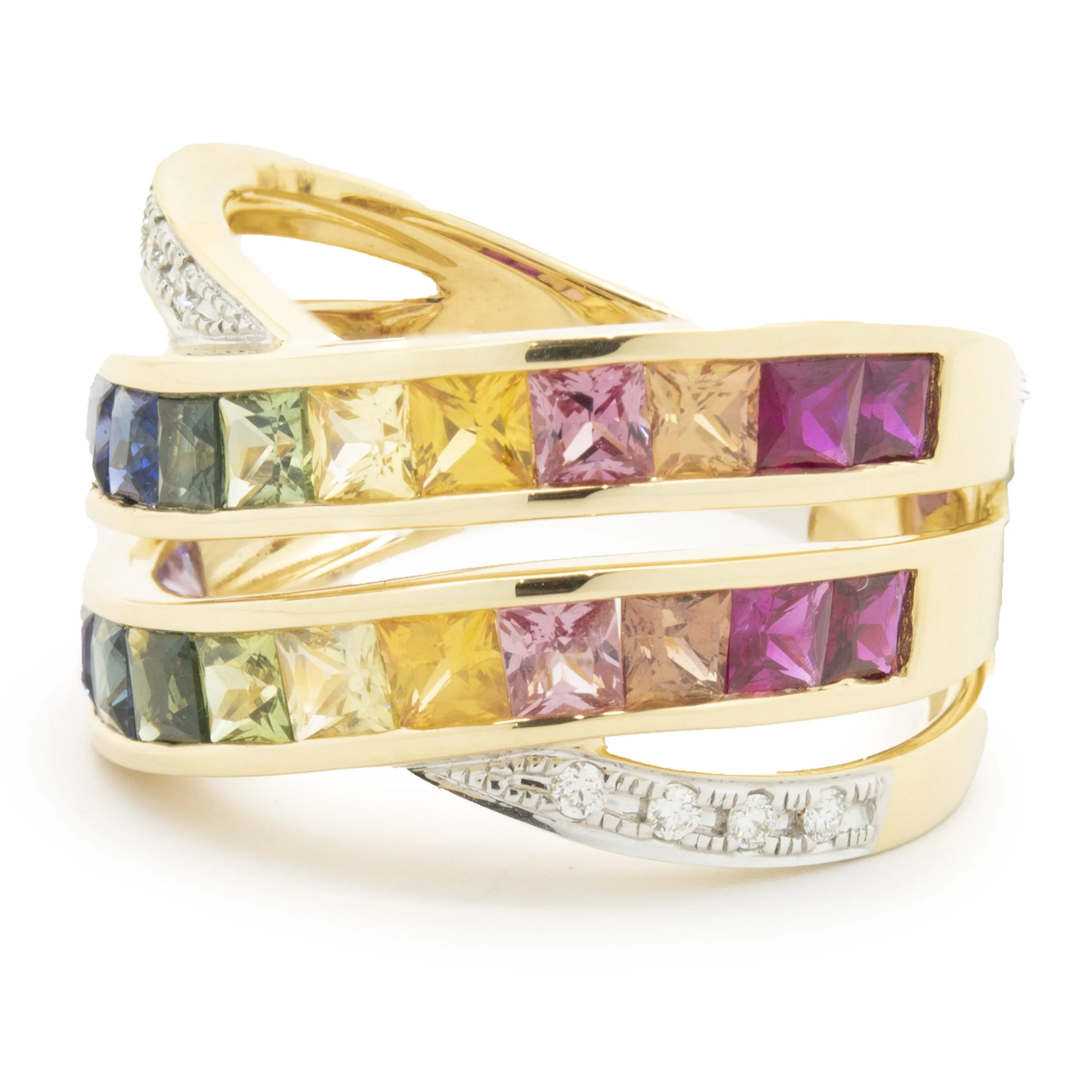 18 Karat Yellow Gold Rainbow Sapphire and Diamond Bypass Ring - Image 2
