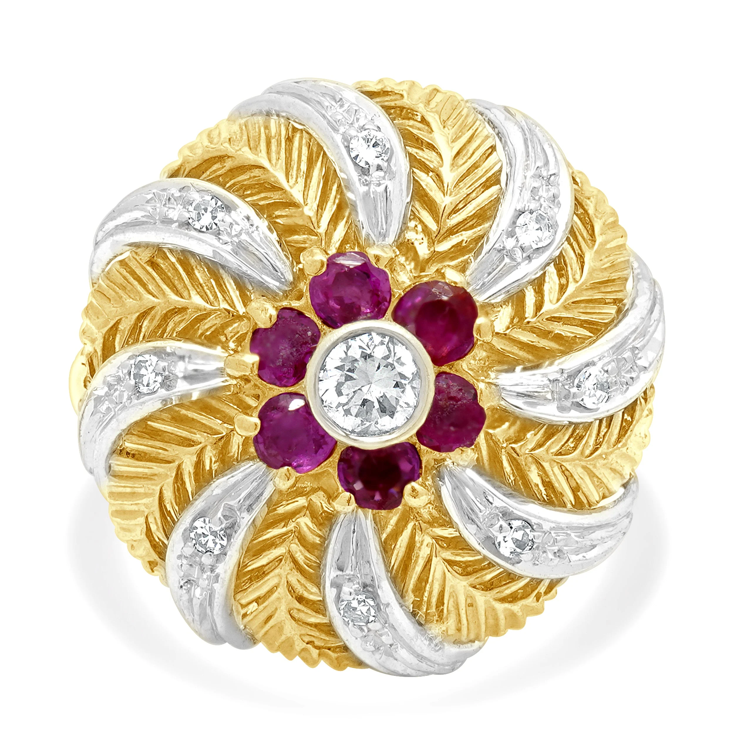 18 Karat Yellow Gold Round Diamond and Round Ruby Swirl Ring