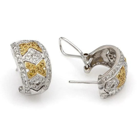 18K Two-Tone White and Yellow Diamond XO Earrings - Image 2