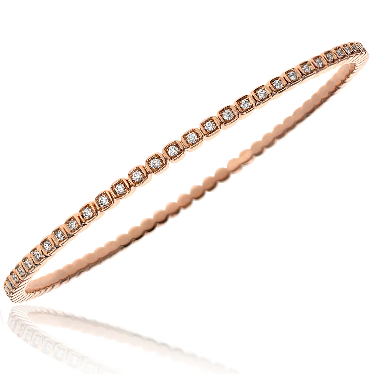 18K Rose Gold Bead Set Round Diamond Bangle Bracelet