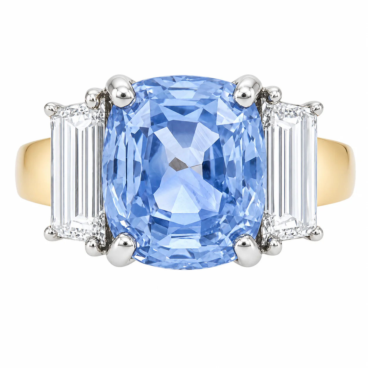 18K White And Yellow Gold Unheated Sapphire and Diamond Three Stone Ring - Image 2