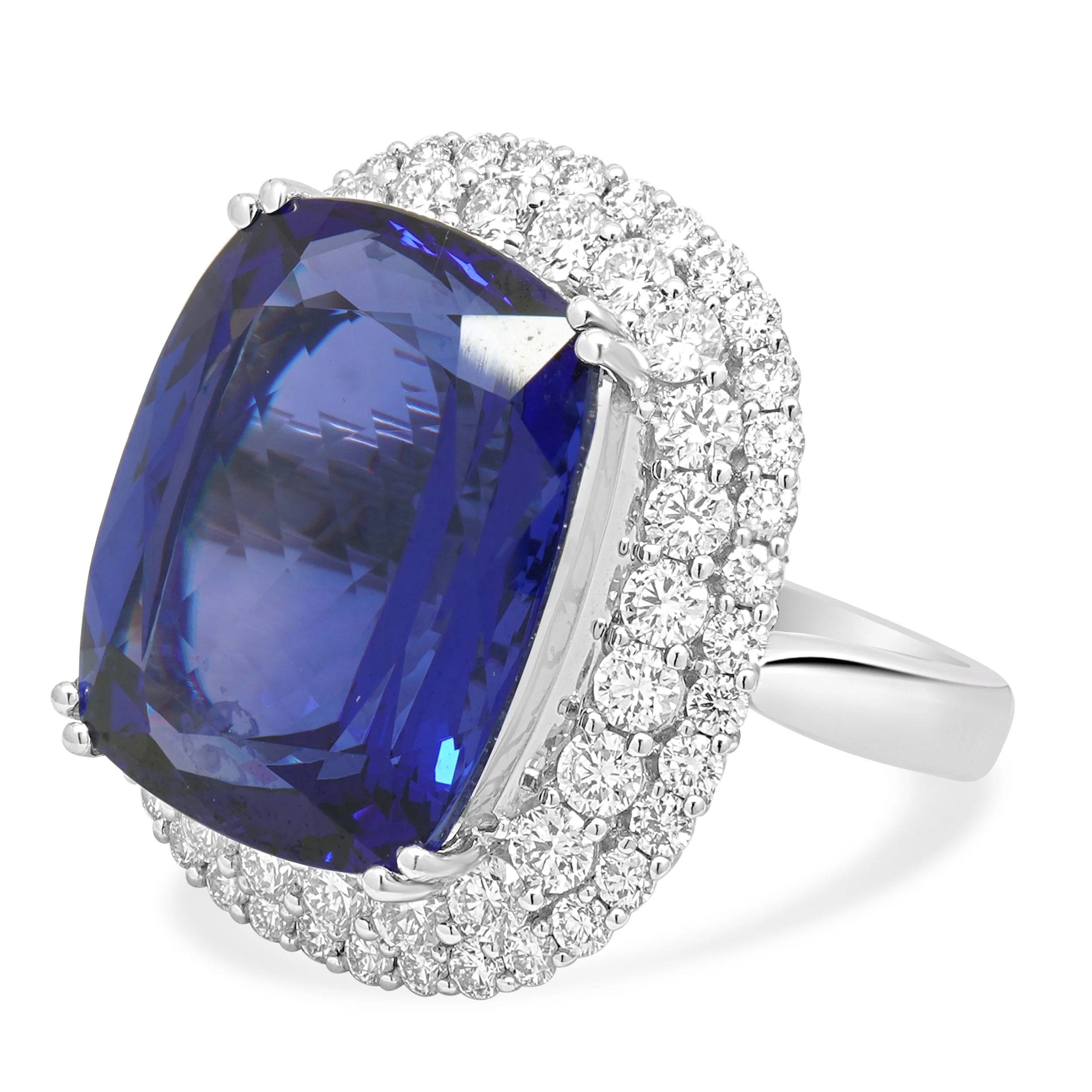 18K White Gold Cushion Cut Tanzanite and Round Diamond Double Halo Ring - Image 2