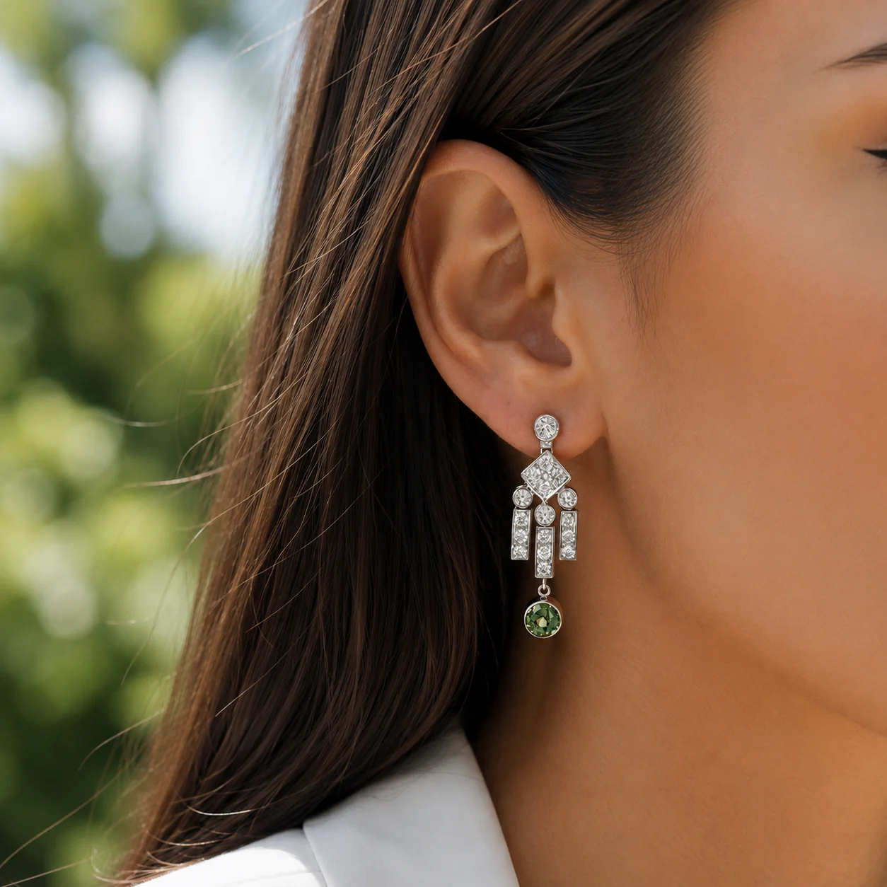 18K White Gold Demantoid and Diamond Drop Earrings - Image 4