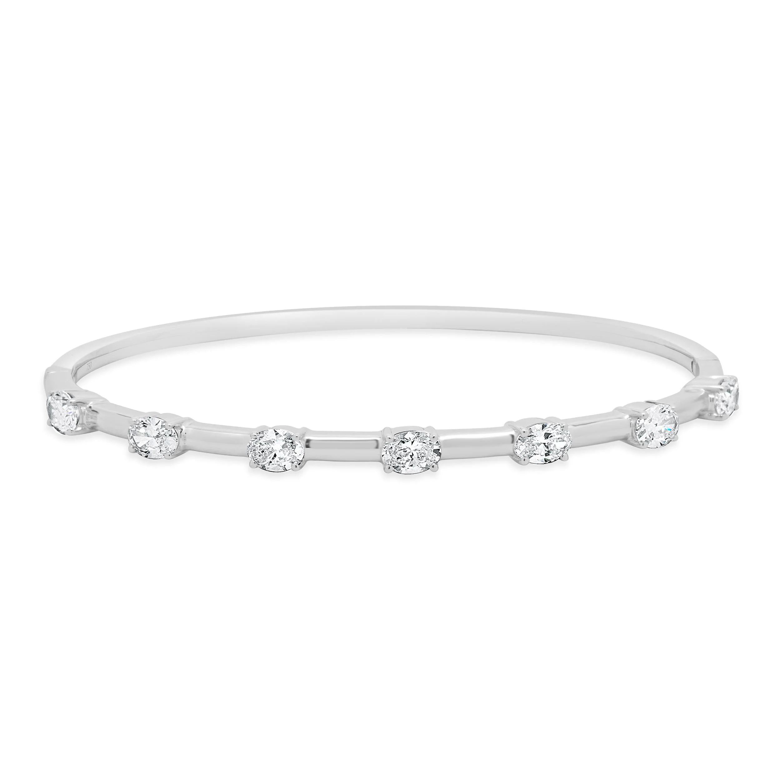 18K White Gold Oval Cut Diamond Station Bangle Bracelet