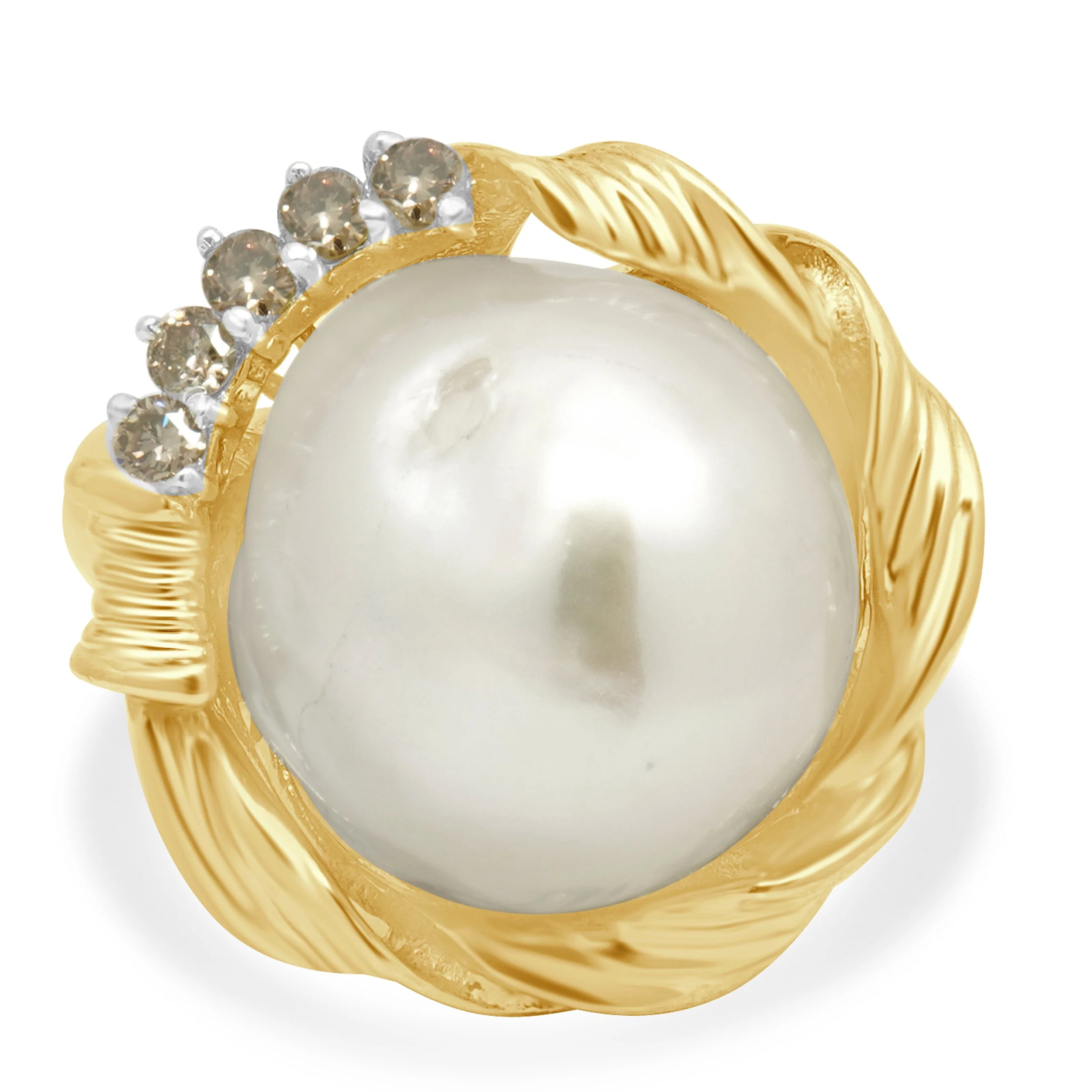 18K Yellow Gold Baroque Pearl and Round Diamond Accent Ring