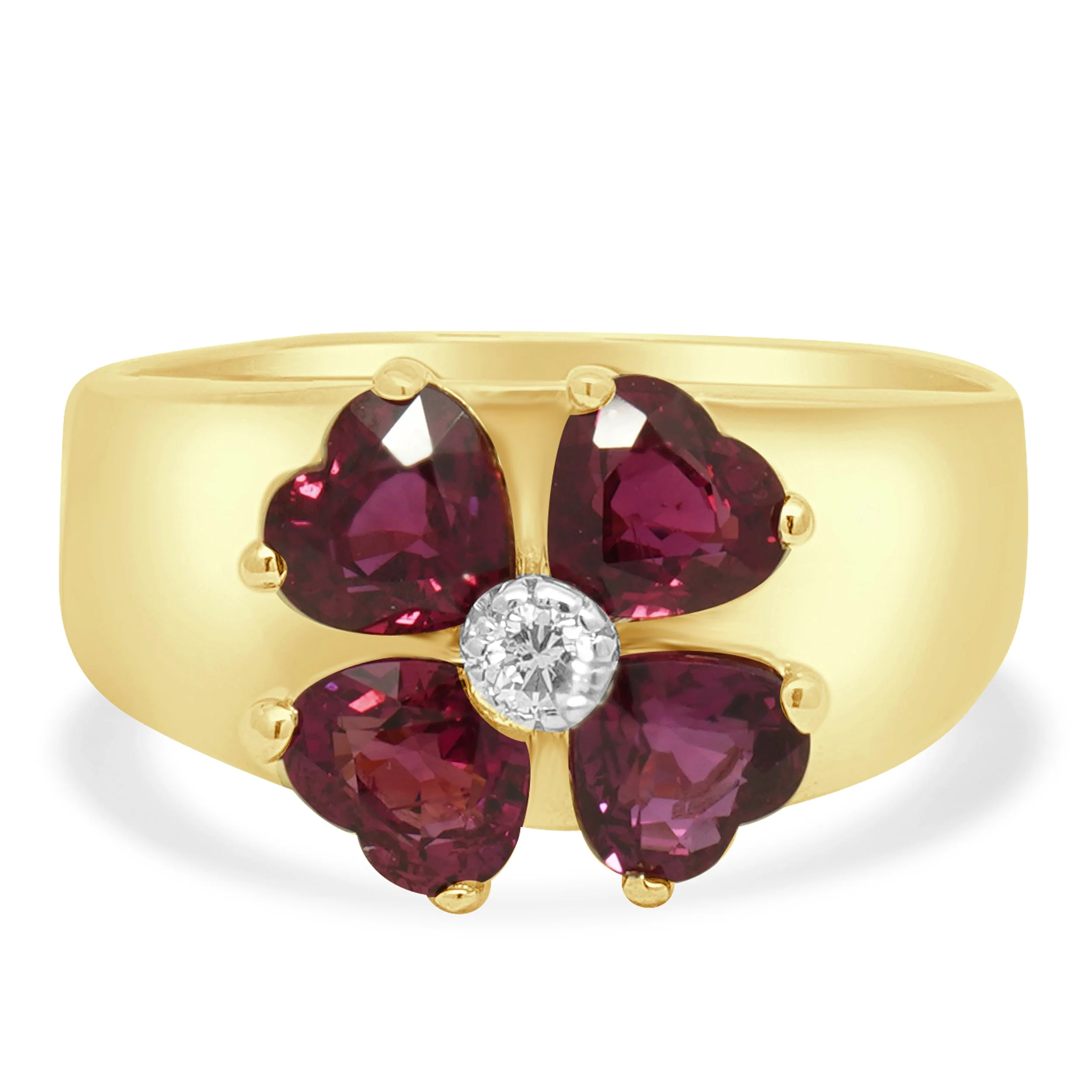 18K Yellow Gold Heart-Shaped Ruby and Round Diamond Clover Ring