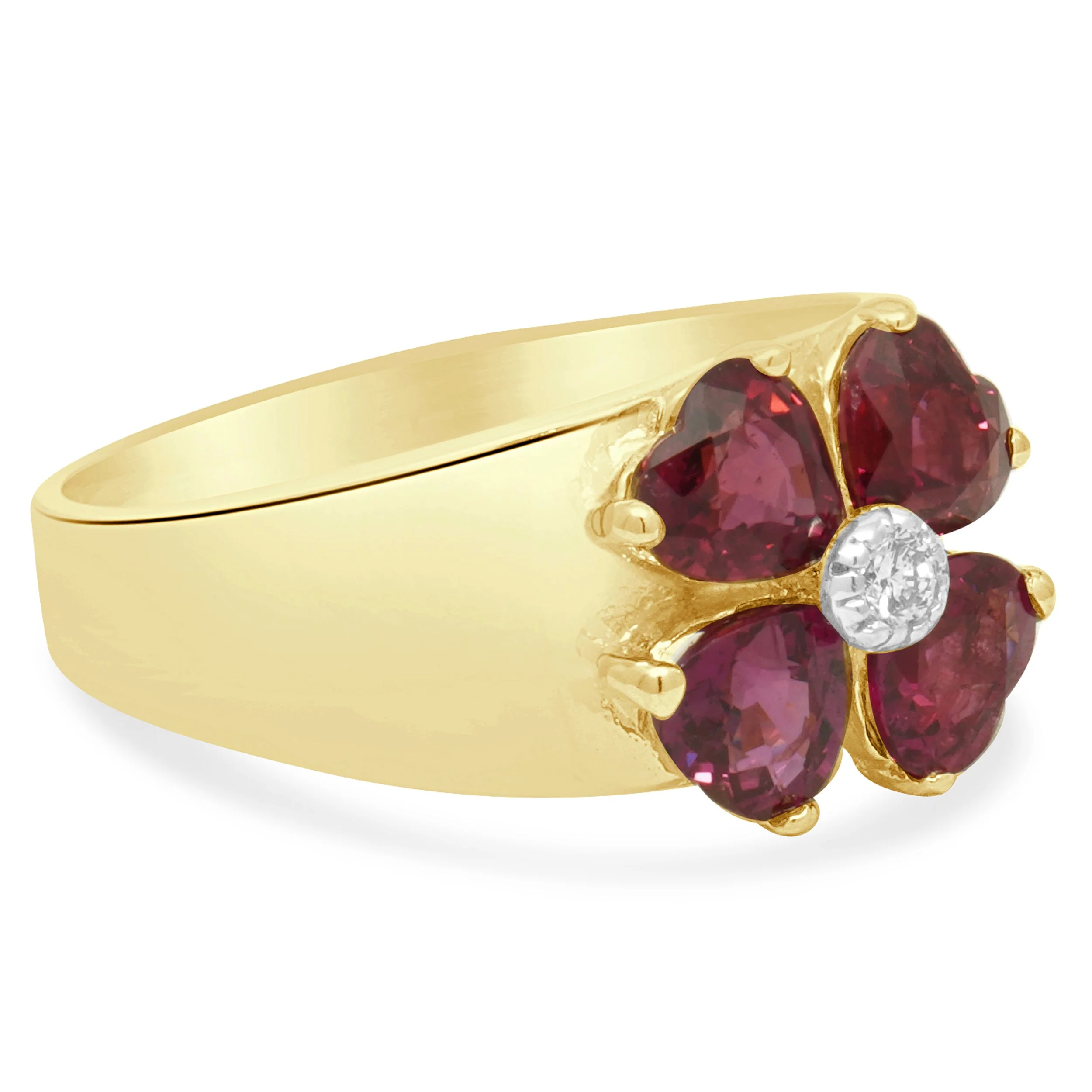18K Yellow Gold Heart-Shaped Ruby and Round Diamond Clover Ring - Image 3