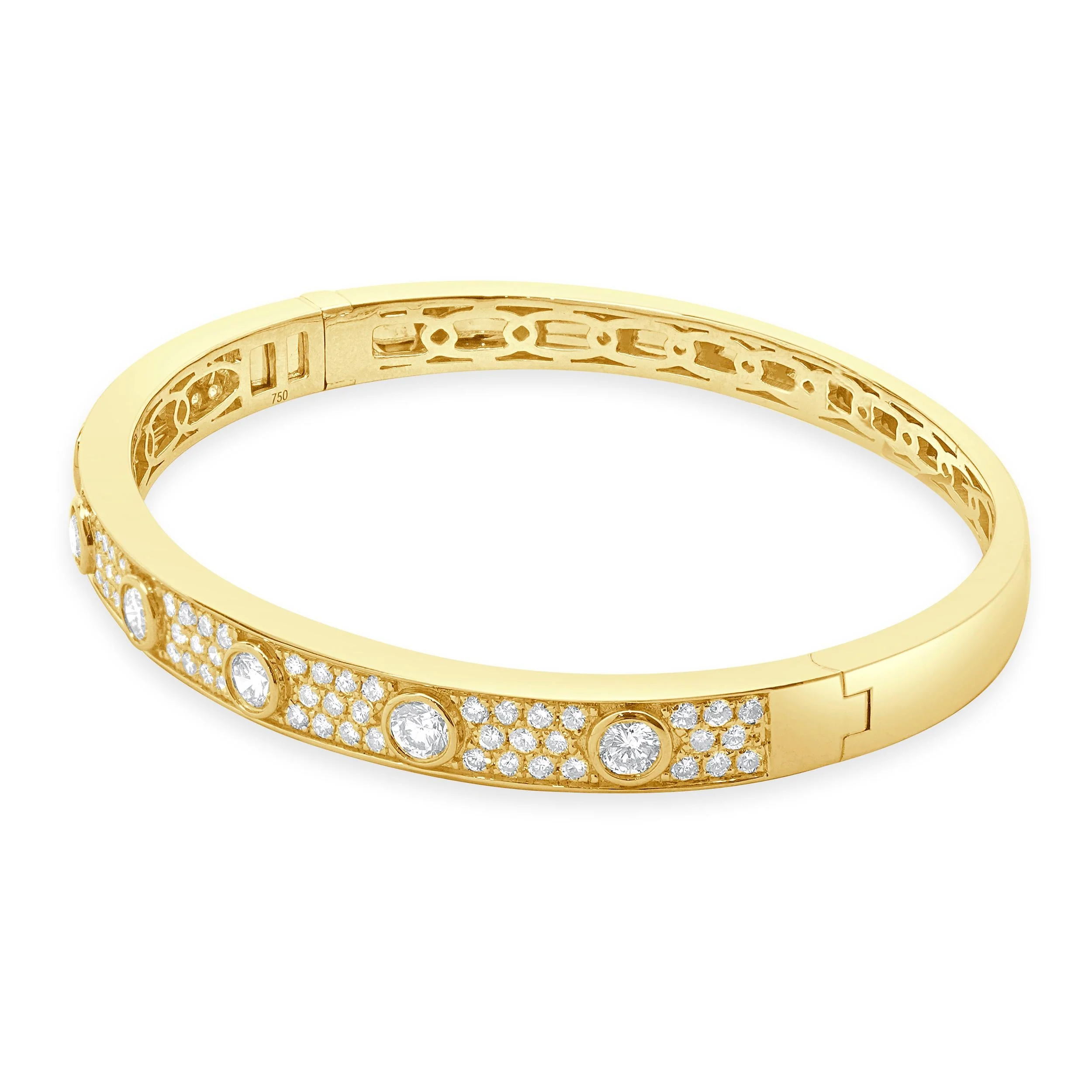 18k Yellow Gold Pave Diamond Bangle Bracelet with Bezel Set Diamond Stations - Image 2