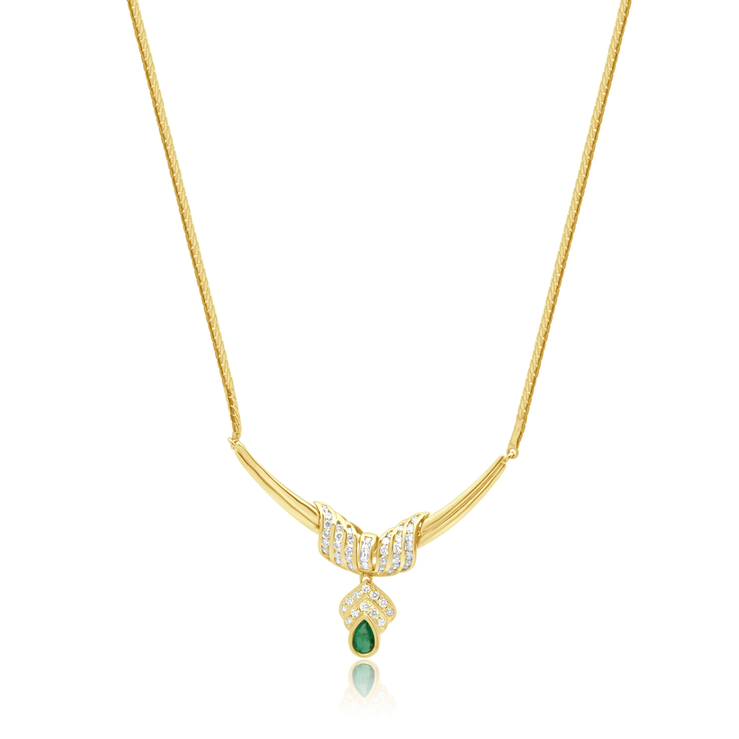 18K Yellow Gold Pear Cut Emerald and Round Diamond Wrap Centerpiece Necklace 16.25"