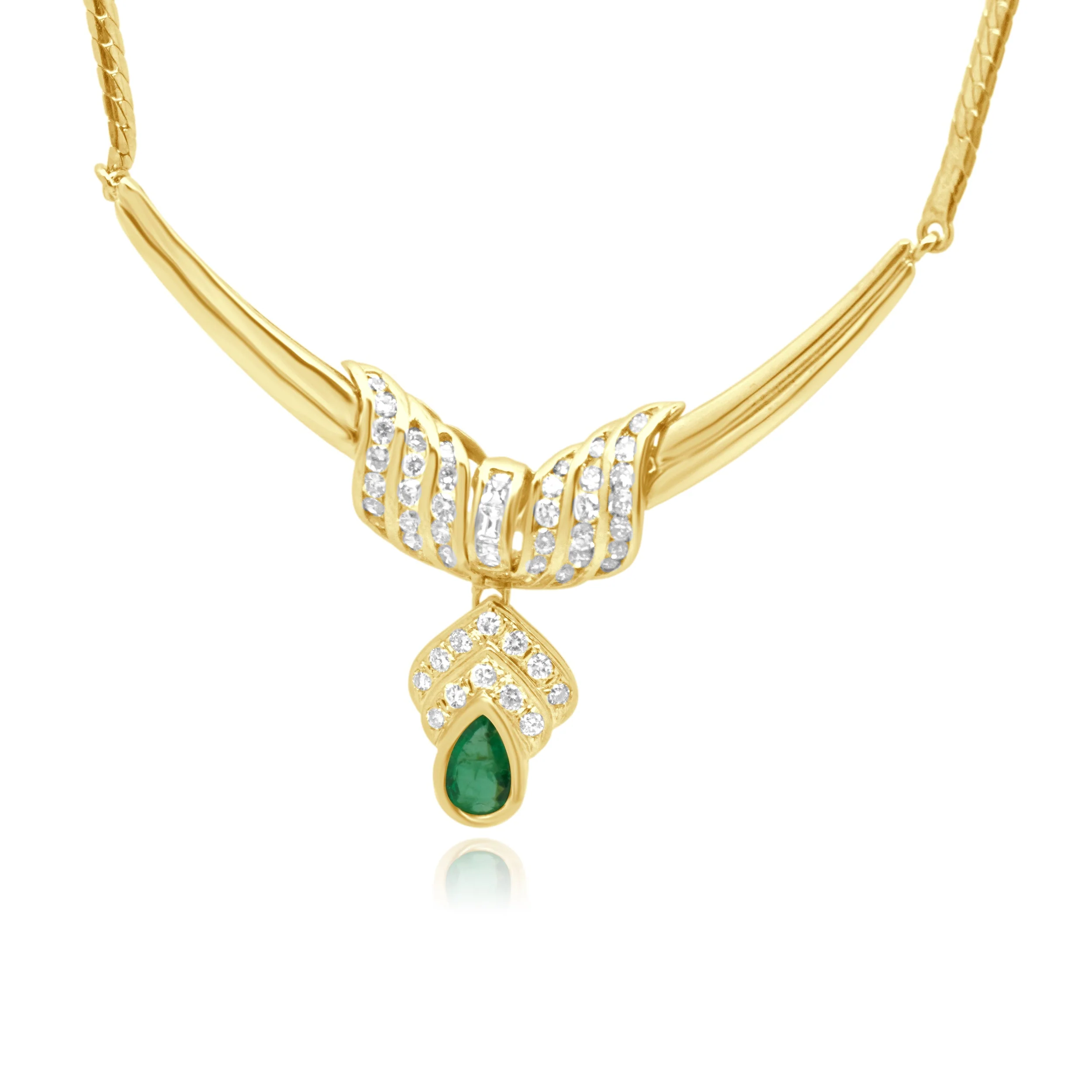 18K Yellow Gold Pear Cut Emerald and Round Diamond Wrap Centerpiece Necklace 16.25" - Image 2