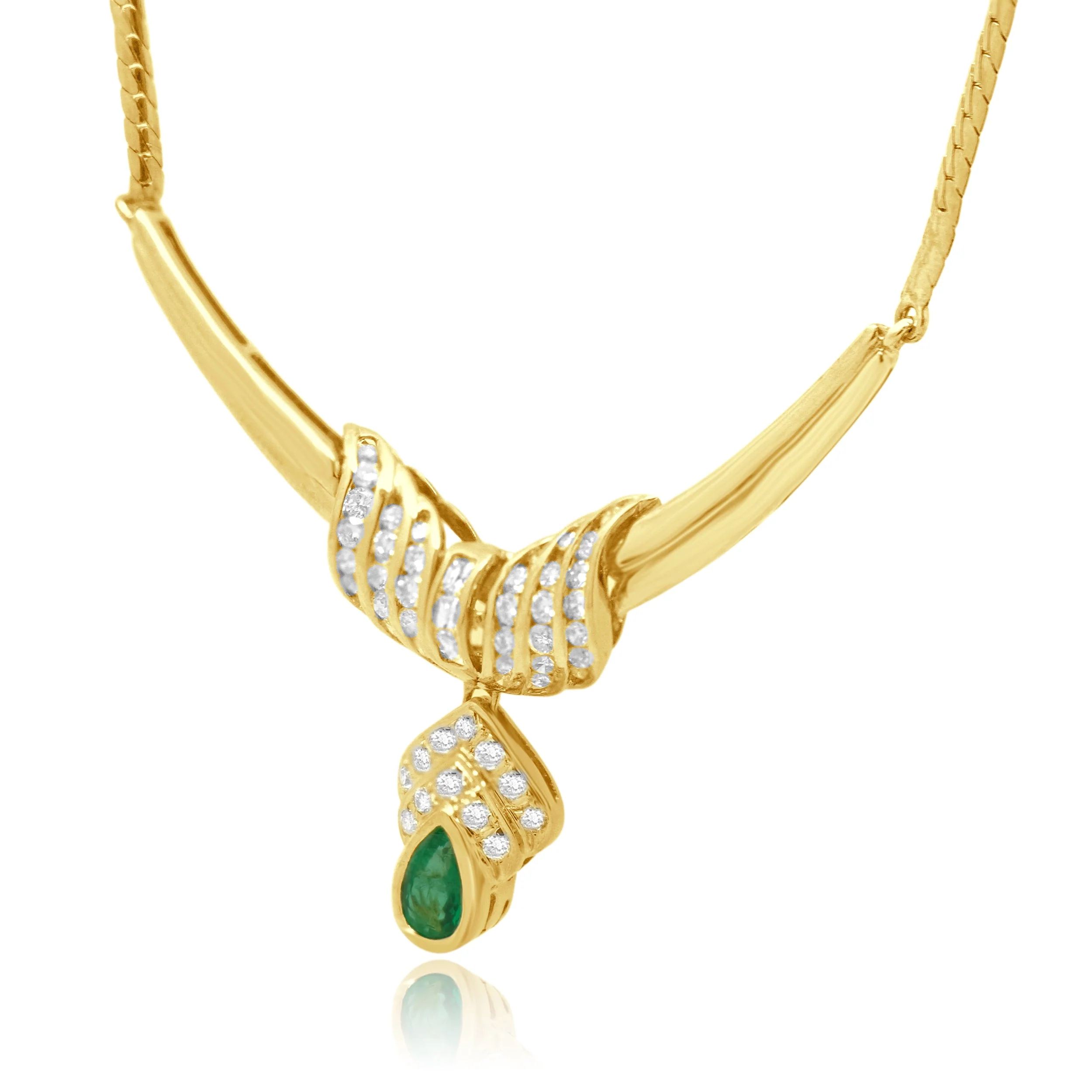 18K Yellow Gold Pear Cut Emerald and Round Diamond Wrap Centerpiece Necklace 16.25" - Image 3