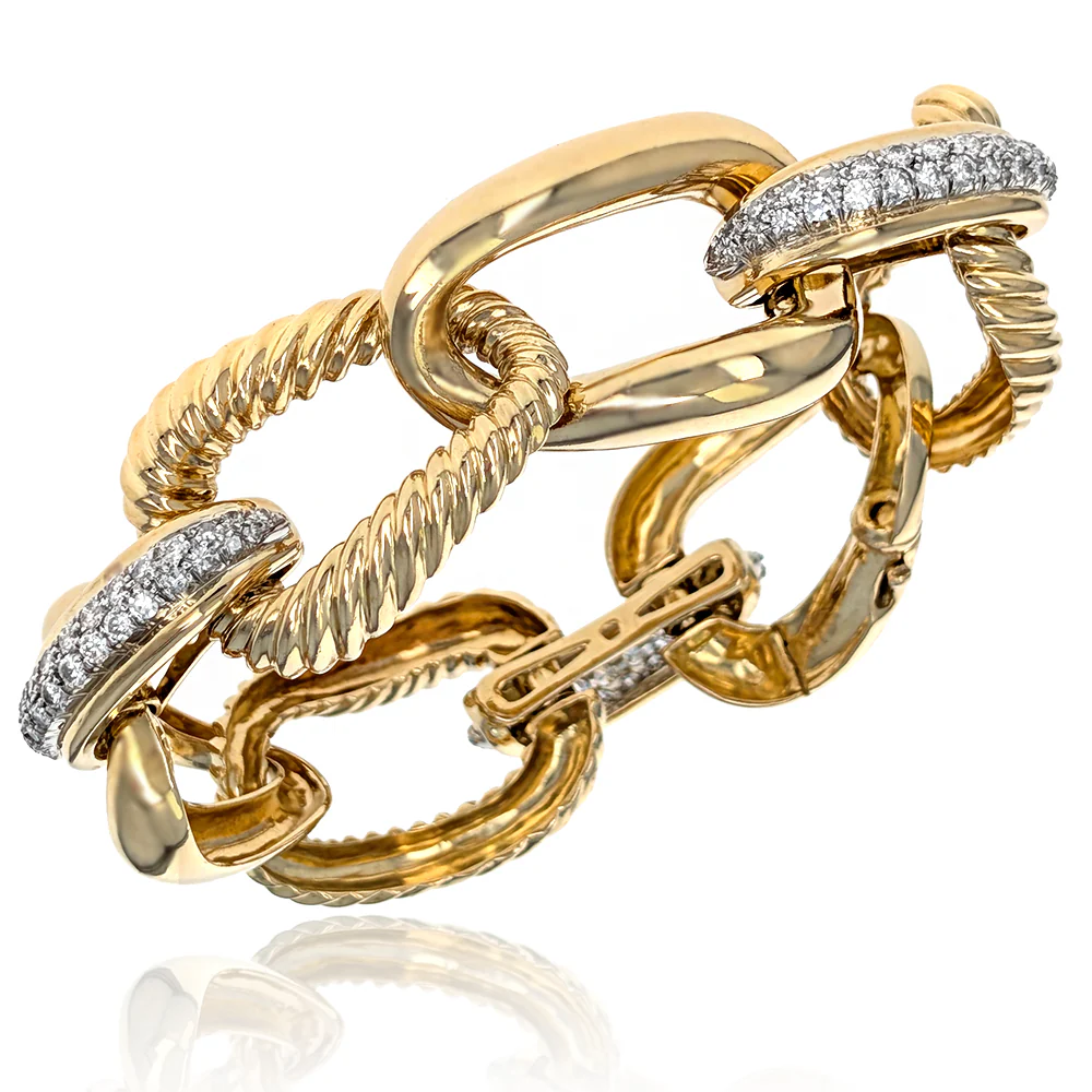 18K Yellow Gold Prong Set Round Diamond Rope Link Bracelet