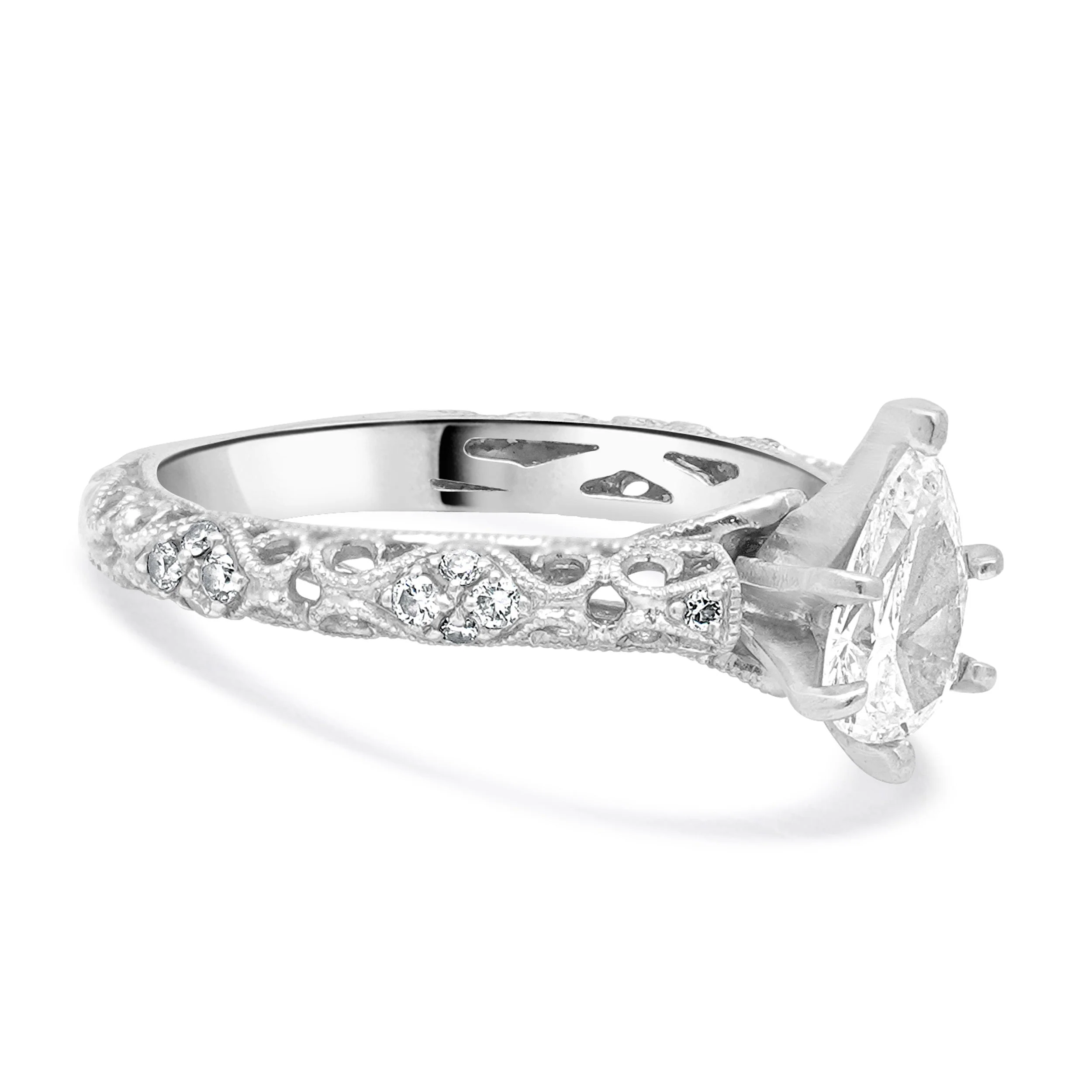 18 Karat White Gold Pear Shaped Filagree Diamond Engagement Ring - Image 4