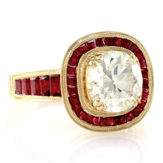 18K Yellow Gold Old European Cut Diamond & Rubies Engagement Ring