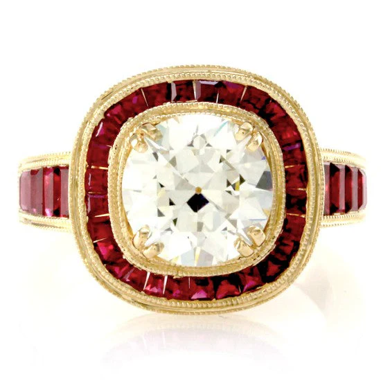18K Yellow Gold Old European Cut Diamond & Rubies Engagement Ring - Image 2