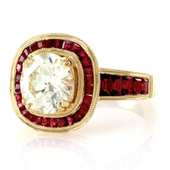 18K Yellow Gold Old European Cut Diamond & Rubies Engagement Ring - Image 3