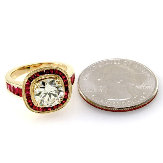 18K Yellow Gold Old European Cut Diamond & Rubies Engagement Ring - Image 7