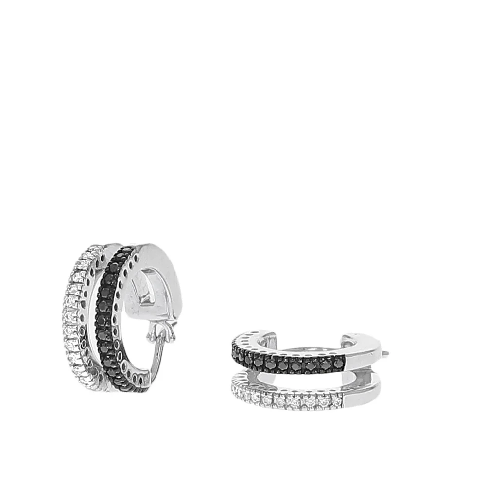 2 Row Black and White Diamond Huggie Earrings in White Gold - Image 2