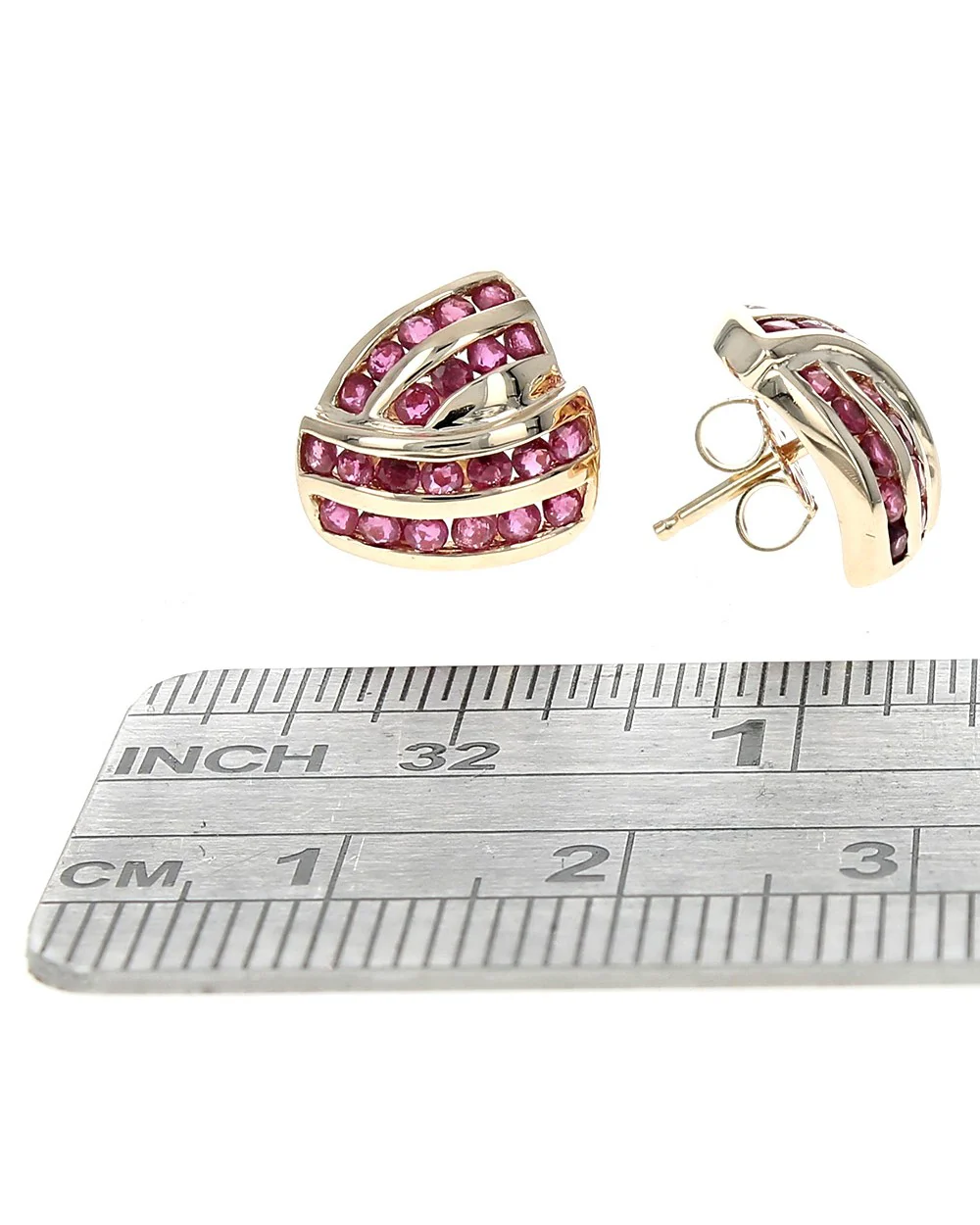 2 Row Ruby Crossover Stud Earrings in Yellow Gold - Image 3