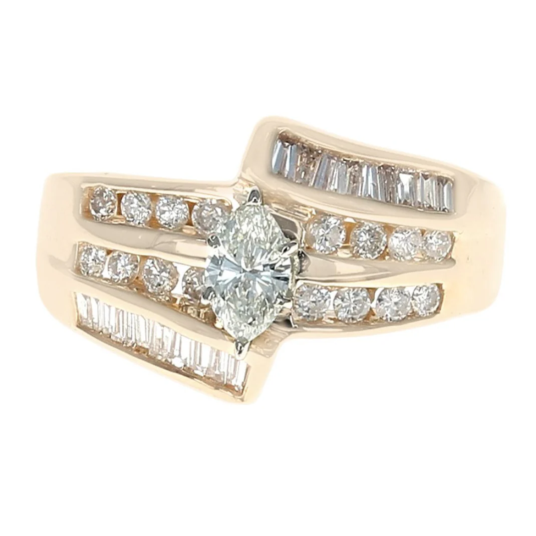 14K Yellow Gold Marquise Round and Baguette Diamond Bypass Ring - Image 2