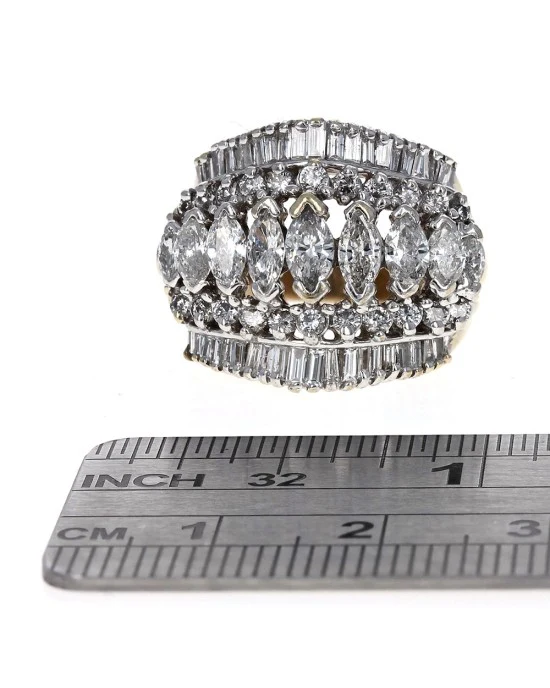 5 Row Marquise, Baguette and Round Diamond Rooftop Ring - Image 3