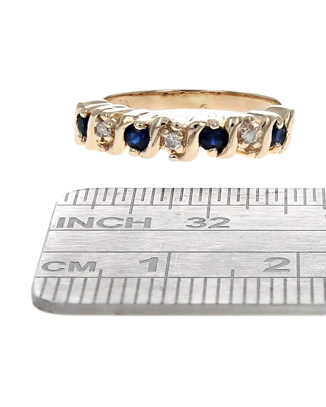 Alternating Blue Sapphire and Diamond S Curve Ring in Yellow Gold - Image 3