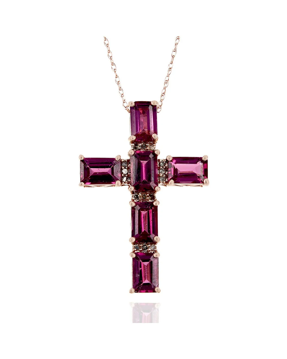 Alternating Rhodolite Garnet and Diamond Cross Necklace in Rose Gold