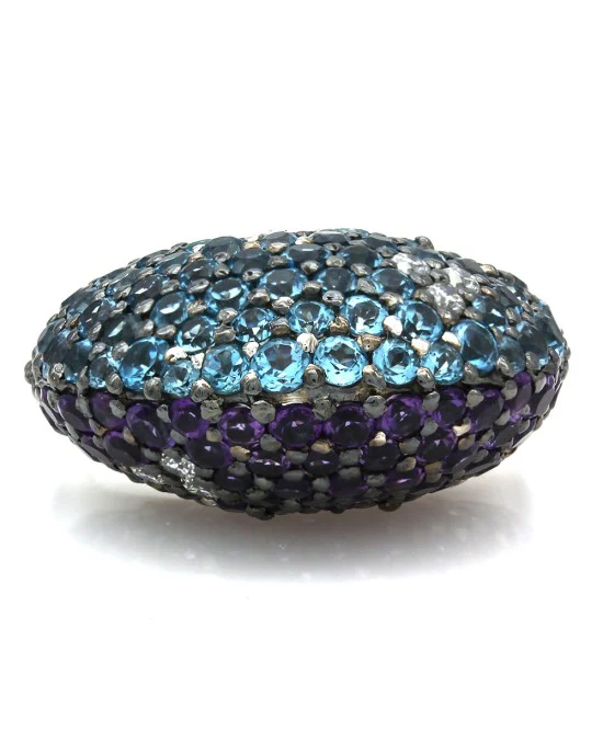 Amethyst and Blue Topaz Dome Ring with Diamond Accents - Image 2