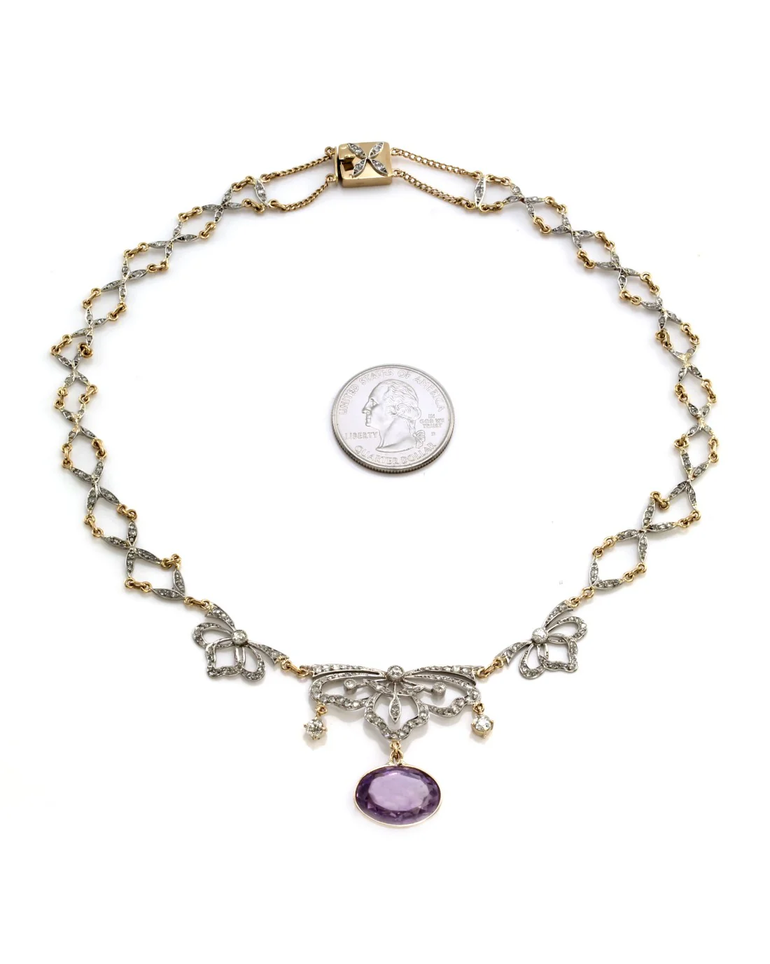 Amethyst and Diamond Drop Necklace in Platinum and Yellow Gold - Image 2