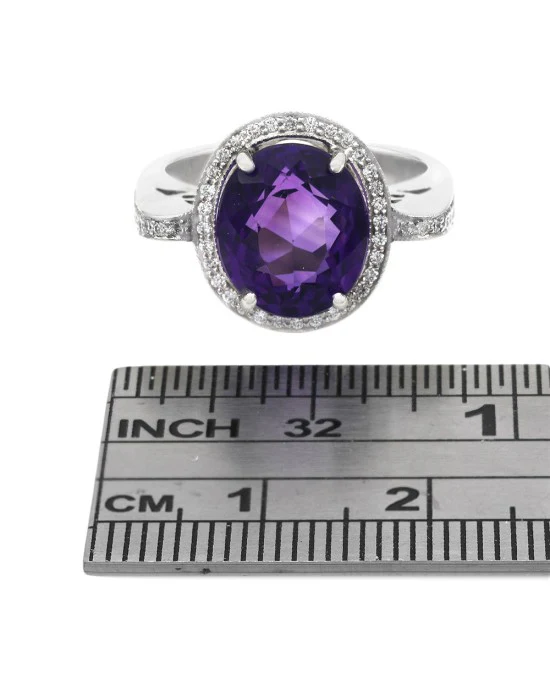 Amethyst and Diamond Halo Ring in White Gold - Image 3