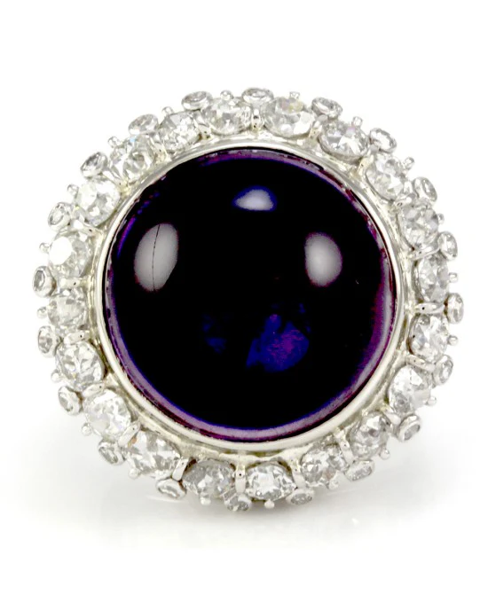 Amethyst Cabochon Diamond Halo Ring in White Gold - Image 3