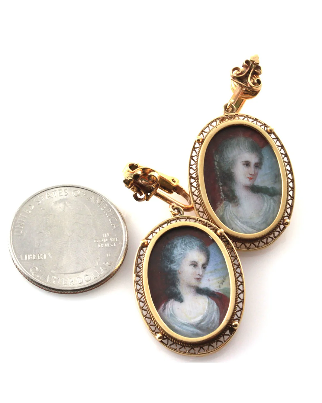 Antique Hand Painted Micro Portrait Clip-On Earrings in 10K Yellow Gold - Image 6