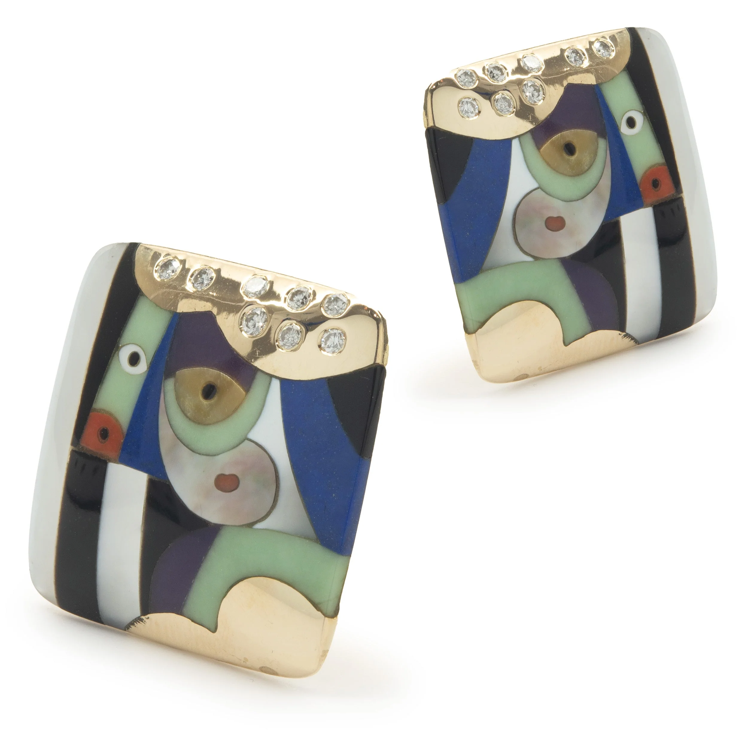 Asch Grossbardt 18 Karat Yellow Gold Diamond and Multi Gemstone Inlay Square Earrings - Image 4